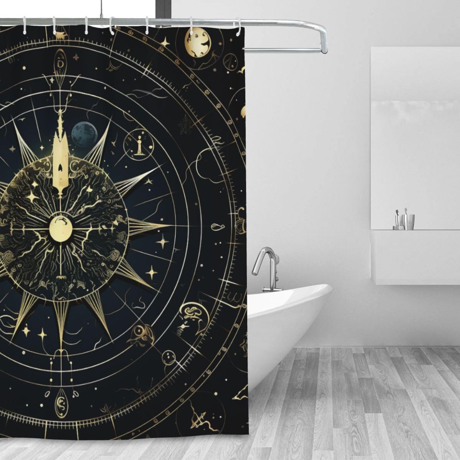 Rideau de douche imperméable lavable avec motif astrologique et 12 crochets