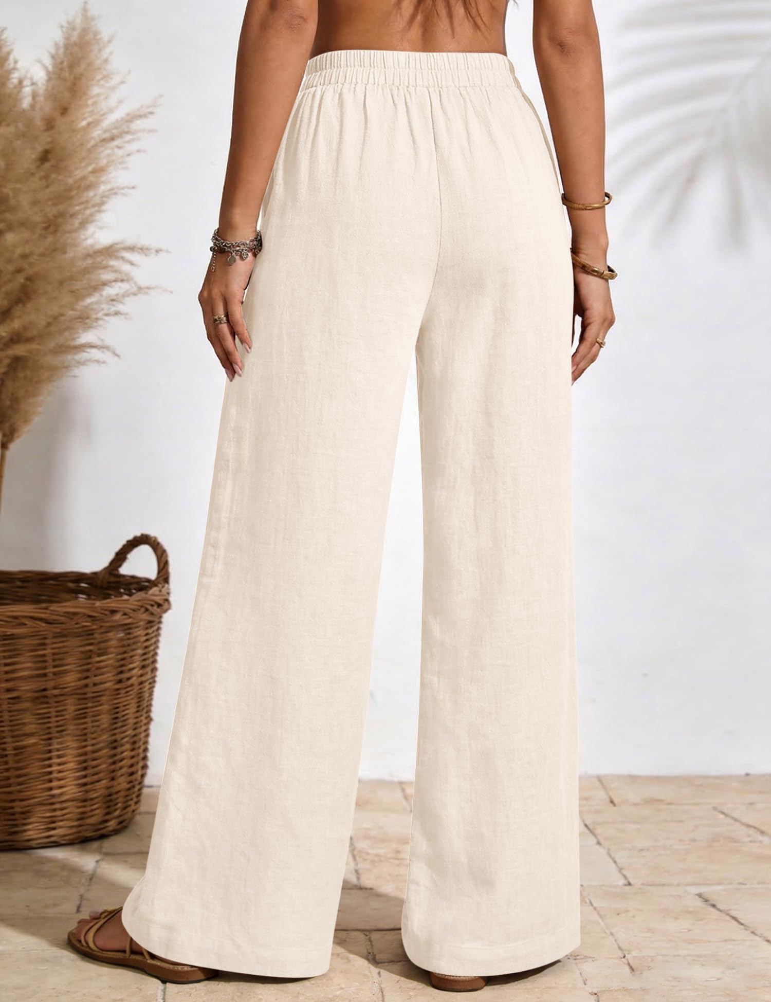 Rapbin Leinenhose Damen Weites Bein Sommerhose Baumwolle Freizeithose Elegante Stoffhose Leinen Leicht Loose Fit Casual Locker mit Taschen Casual Palazzo