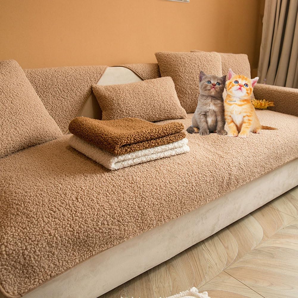Sherpa Wool Sofa Cover Artificial Short Velvet Sofa Cover Combination Sofa coverNon Slip Sofa Covers 1 2 3 4 Seater Couch Covers Camel 27.5 * 71.5in
