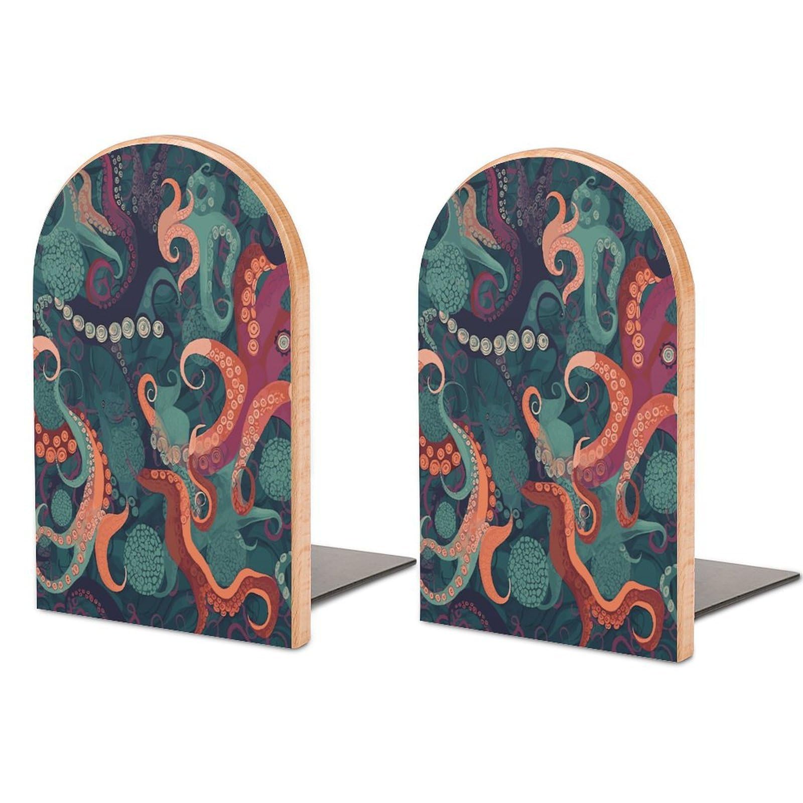 Abstract Octopus Bookends 1 Pair Heavy Duty Book Ends for Shelves Non-Skid Bookend Supports Wooden Book Holders with Metal Base Desk Organizers Books Storage to Hold Books