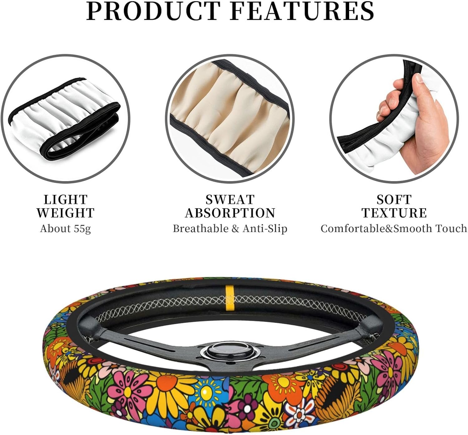 Hippie Flower Neoprene Steering Wheel Cover for Men Women Anti-Slip Elastic Steering Wheel Protective Cover 15in Universal Car Accessories Fit Cars, SUVs, Auto - Image 6