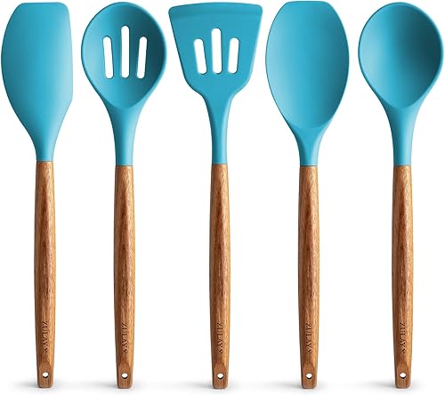 Miniatura 10 de Zulay Kitchen Juego de utensilios de cocina de silicona antiadherente con auténticas asas de madera de acacia, juego de utensilios de silicona de 5