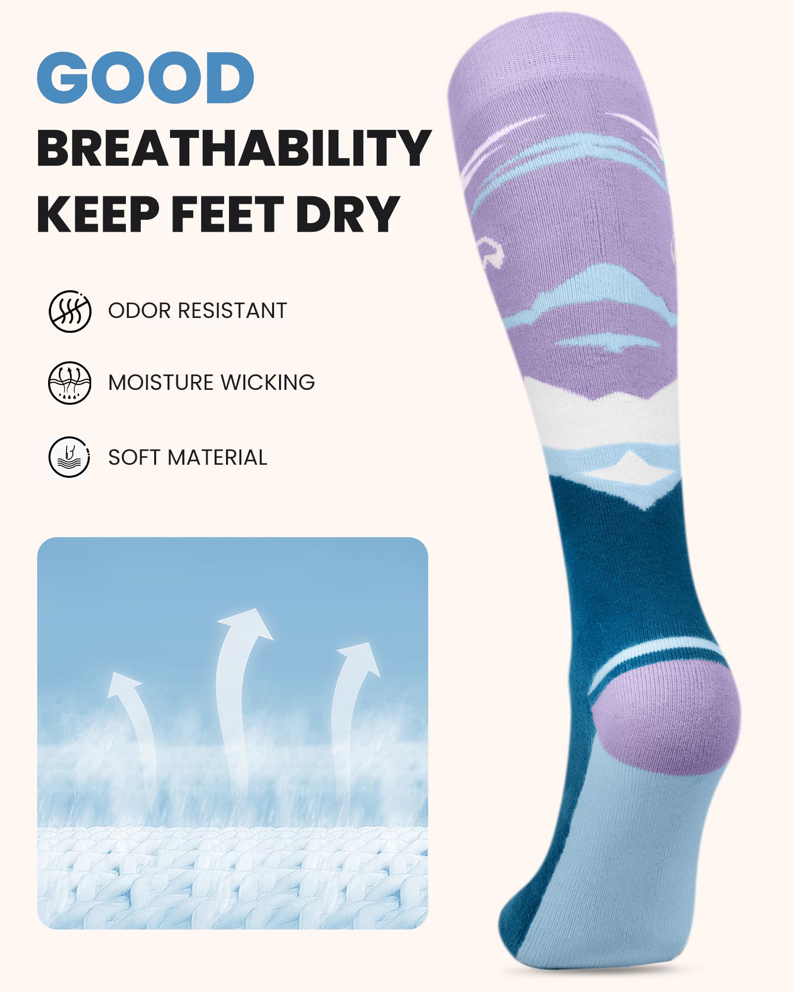 OutdoorMaster Chaussettes de ski, lot de 2 paires de chaussettes thermiques de ski et de snowboard pour femme avec design OTC avec manchette antidérapante, motifs de montagne