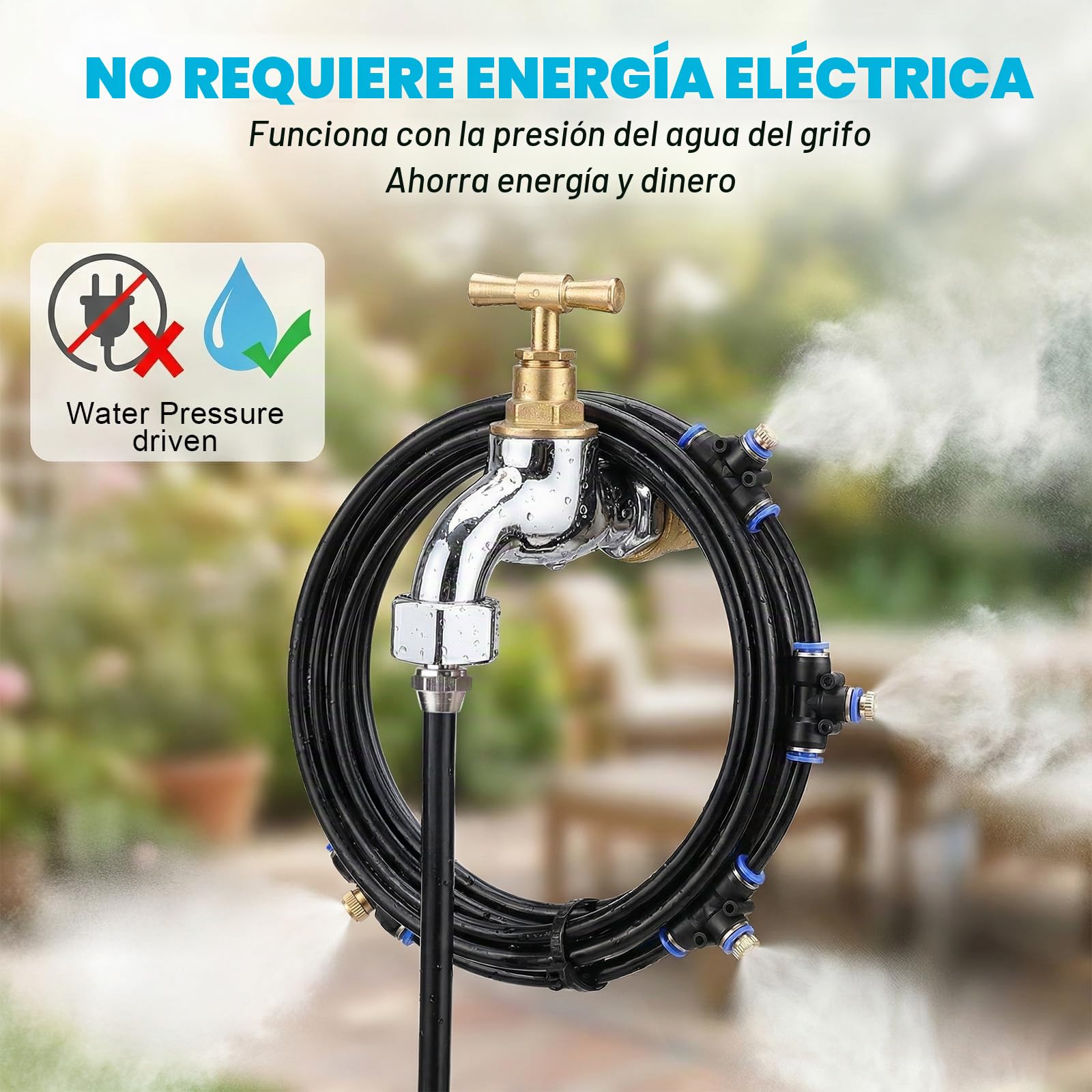 AGPTEK 20 M Sistema de Refrigeración, 72 PCS Sistema de enfriamiento por nebulización, Sistema por nebulización al aire libre para patio, Jardín, Césped, Invernadero, Sombrillas