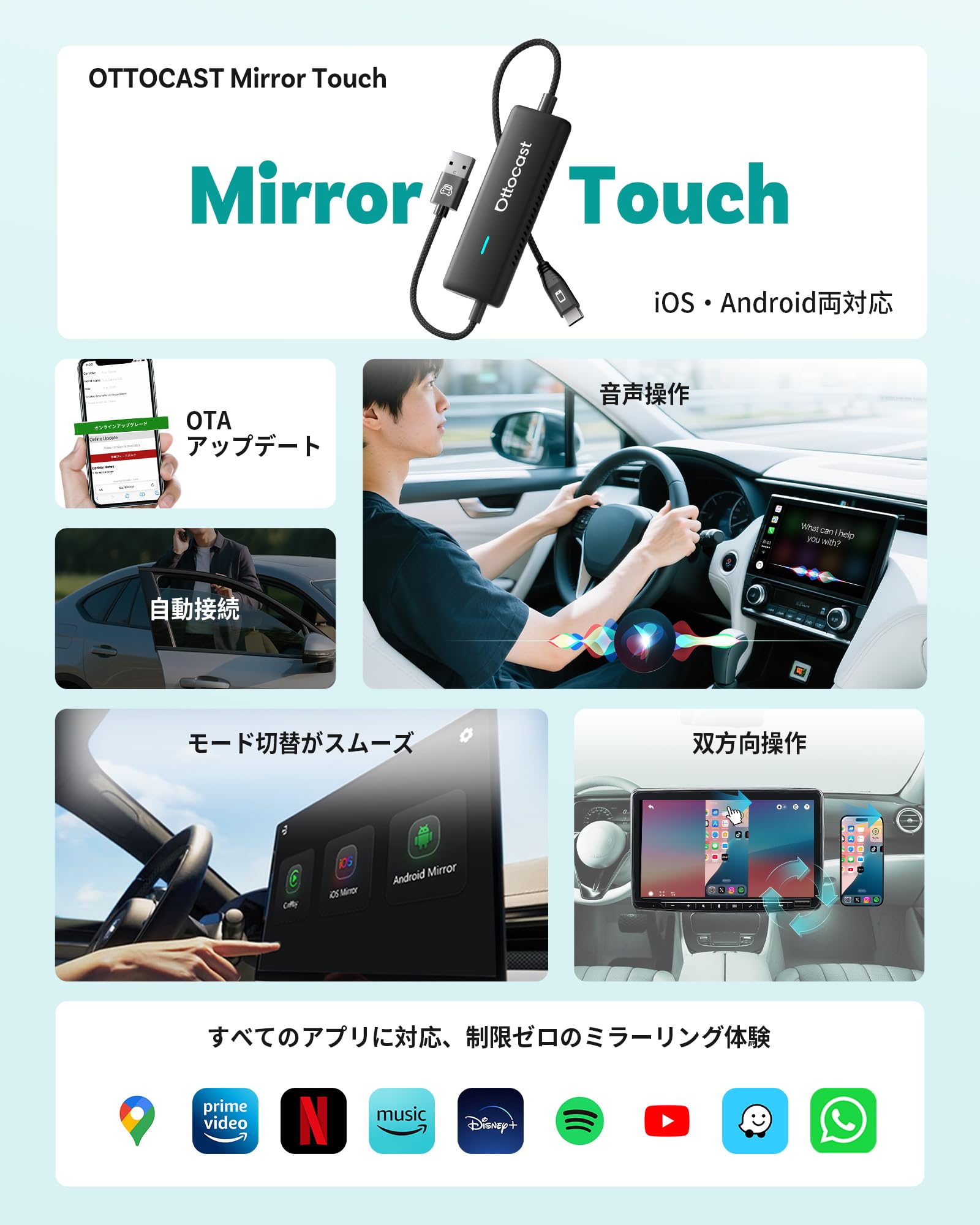 OTTOCAST ワイヤレス　CarPlay　アダプター ミラーリング Ottocast ミラータッチ 双方向ミラーリング ワイヤレス CarPlay