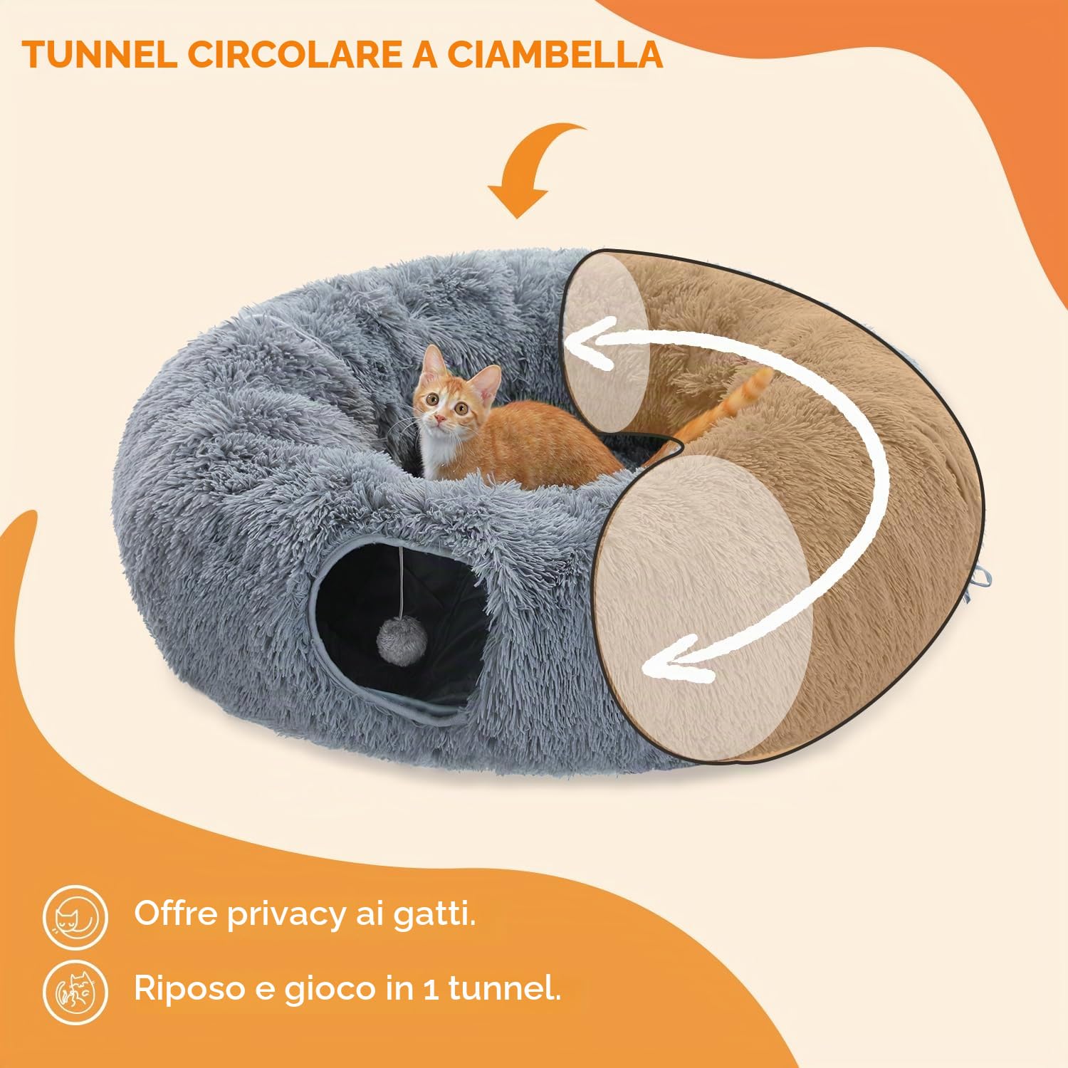PAWZ Road Tunnel per Gatti in Peluche 2 in 1 - Ciambella, Cerchio, Cuccia per Interni - Grigio