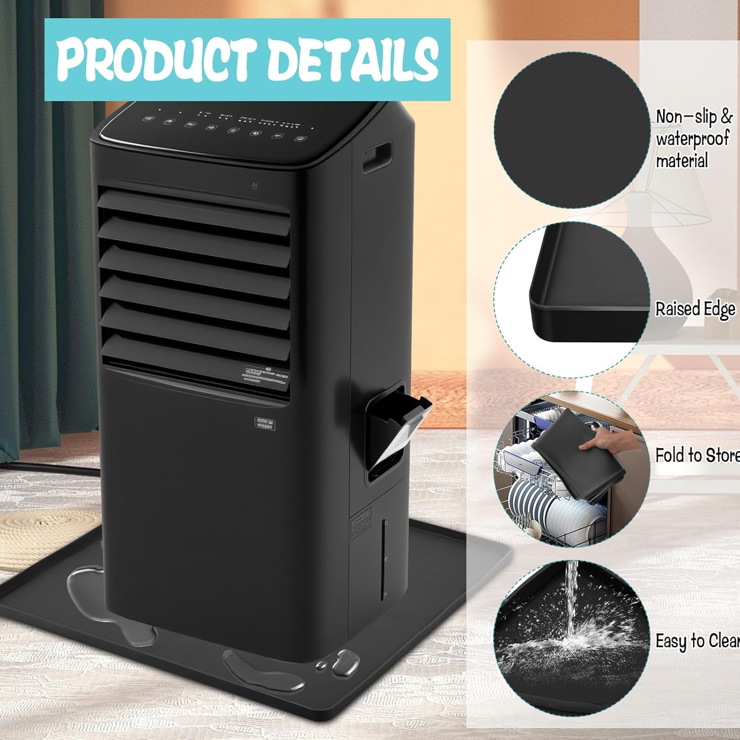 Portable Air Conditioner Drip Pan with Raised Edge, 23.6" x 25.6" Silicone AC Drain Pan for 5,000 to 14,000 BTU AC Unit, AC Drip Tray for Catching & Preventing Condensate Leakage, Black