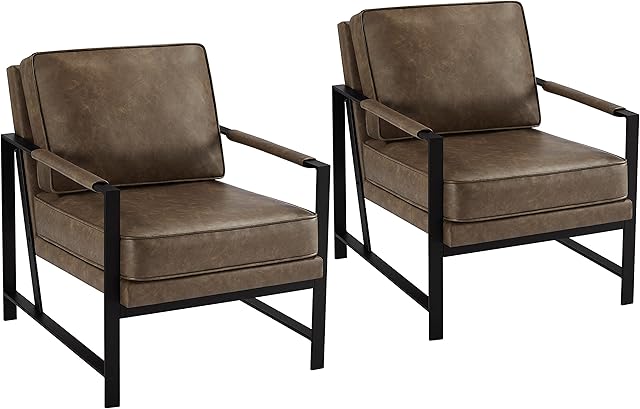Yaheetech Faux Leather Tub Chair, Retro and Modern Armchair with Extra Soft Padded and Cushion for Living Room Bedroom Home Office, Brown, Set of 2