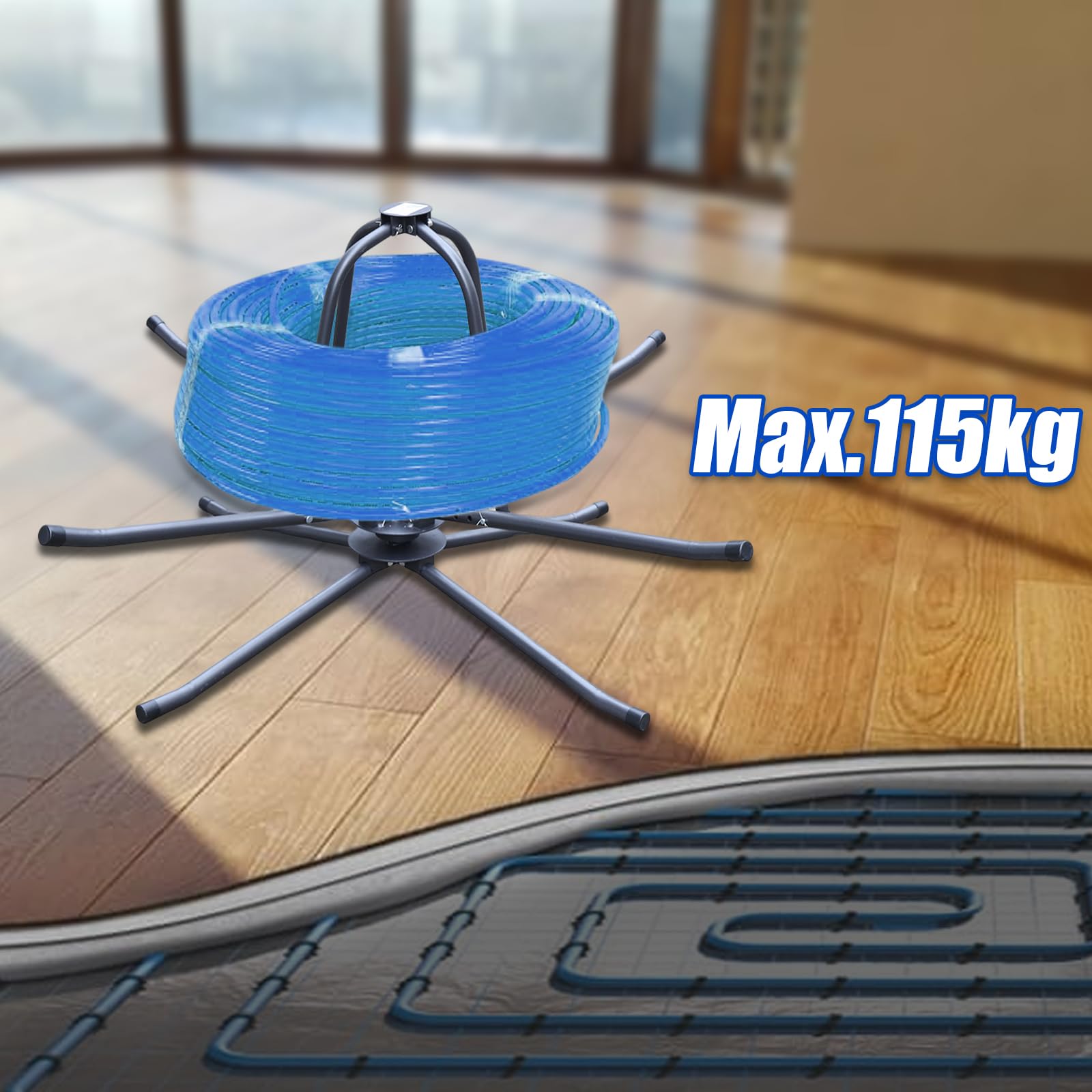 Carrete de tubo para calefacción por suelo radiante, enrollador de tubos, cable máx. 115 kg, Q235, hierro negro, compuesto de tubería para el suelo, cable de calentamiento, dispensador de carrete con