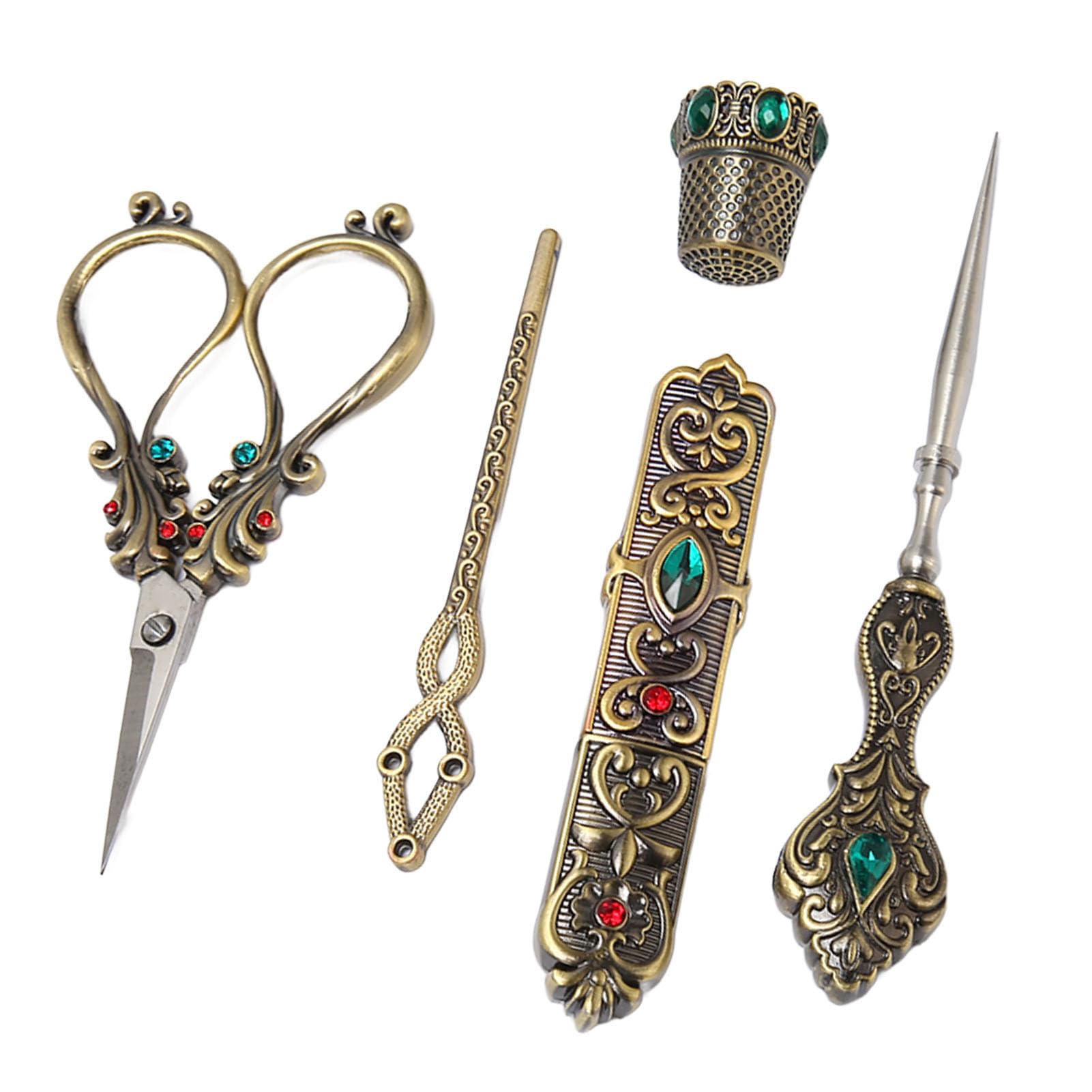 Juego Completo de Herramientas de Costura con Diseño Vintage, Kit de Costura Vintage de Aleación con Dedal, Enhebrador, Estuche para Agujas, Punzón, Tijeras Vintage de Bronce,