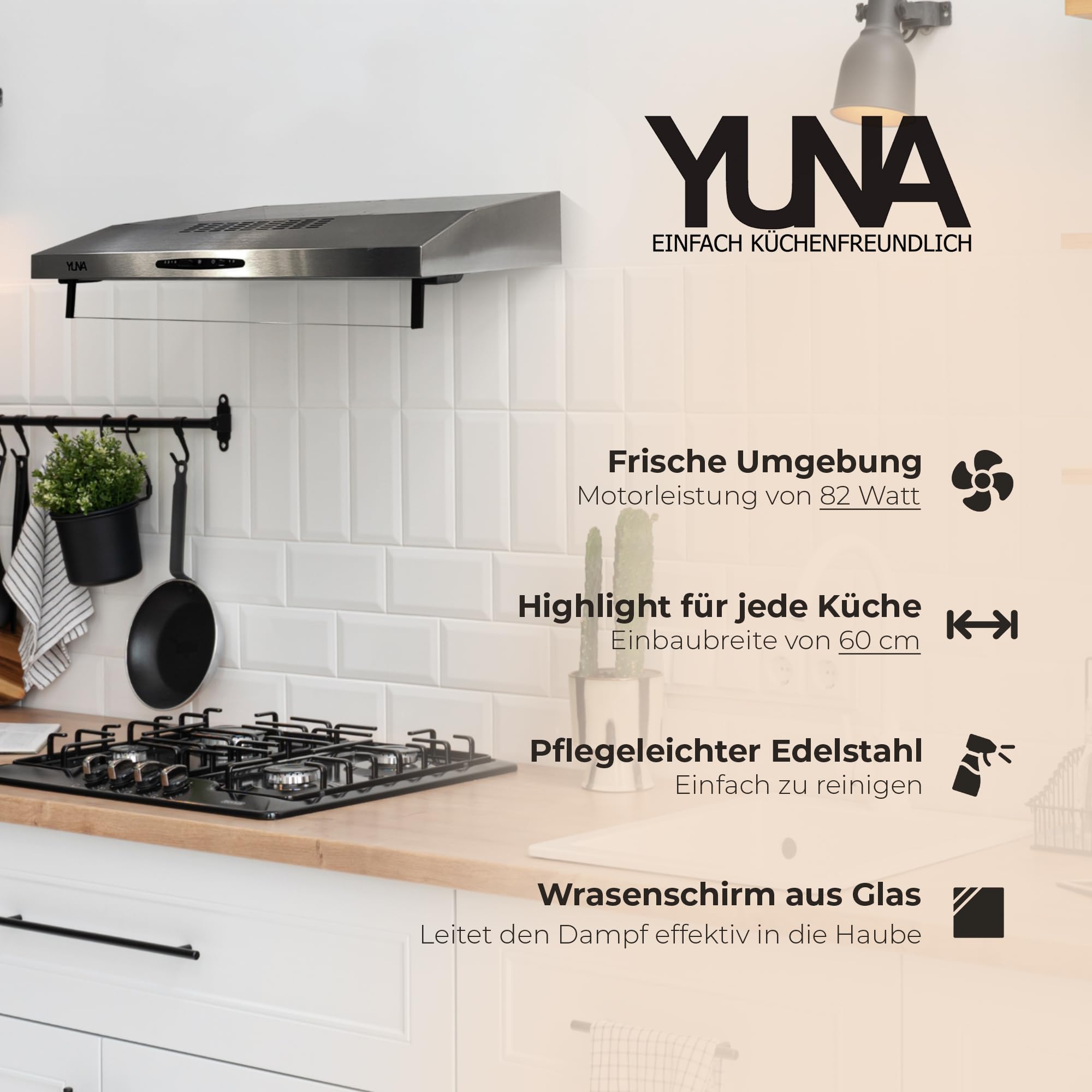 YUNA Dunstabzugshaube Mila KUBH 60205 Edelstahl 60 cm Unterbauhaube Abluft Umluftbetrieb 82W LED