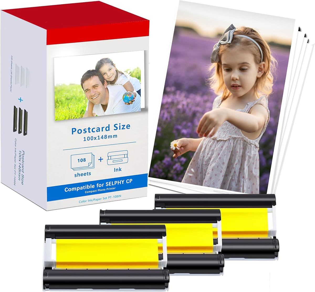 LCL Compatible with Canon Selphy CP1500 CP1300 CP1000 CP1200 CP910 Ink Photo Paper Set KP108 3 Color Ink Cartridge and 108 Sheets 4x6 Photo Paper Replace for KP-108IN CP810 CP800 Printers