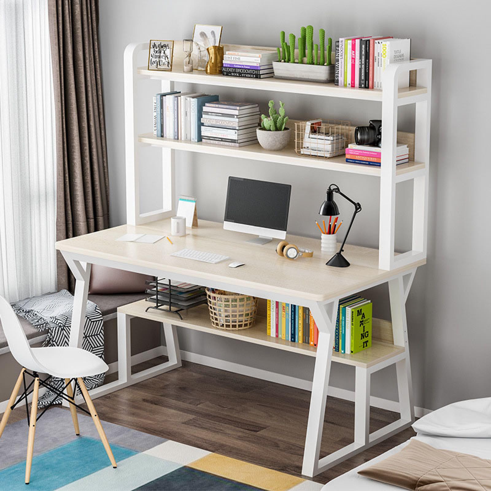 Escritorio de Computadora con Conejera y Estanteria, Escritorio Moderno Mesa de Estudio Estación de Trabajo para Oficina en Casa Que Ahorra Espacio(100cm, Natural)