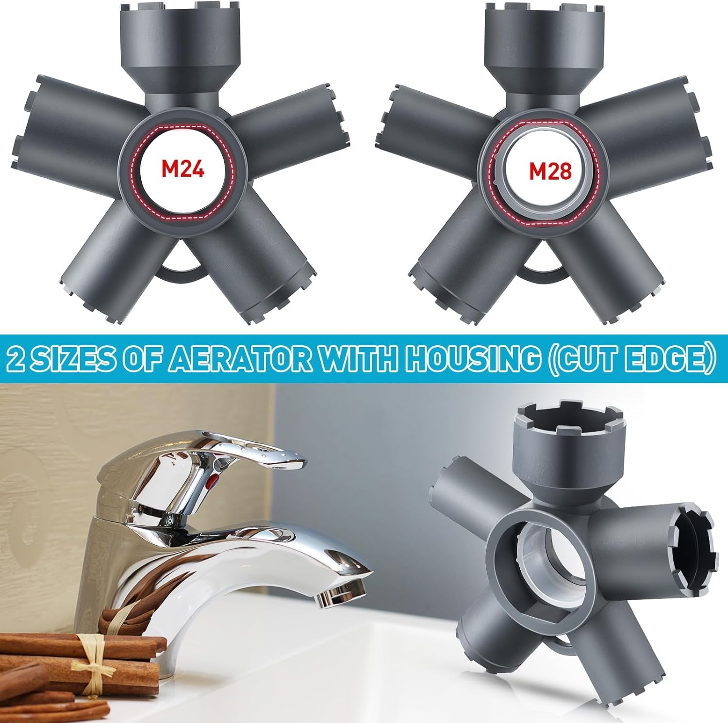 Grayscale Outil de retrait d'aérateur de robinet multifonction pour aérateurs filetés cachés M16.5/M18.5/M21.5/M22/M24/M28, bord tranchant antidérapant + design arrondi double mode