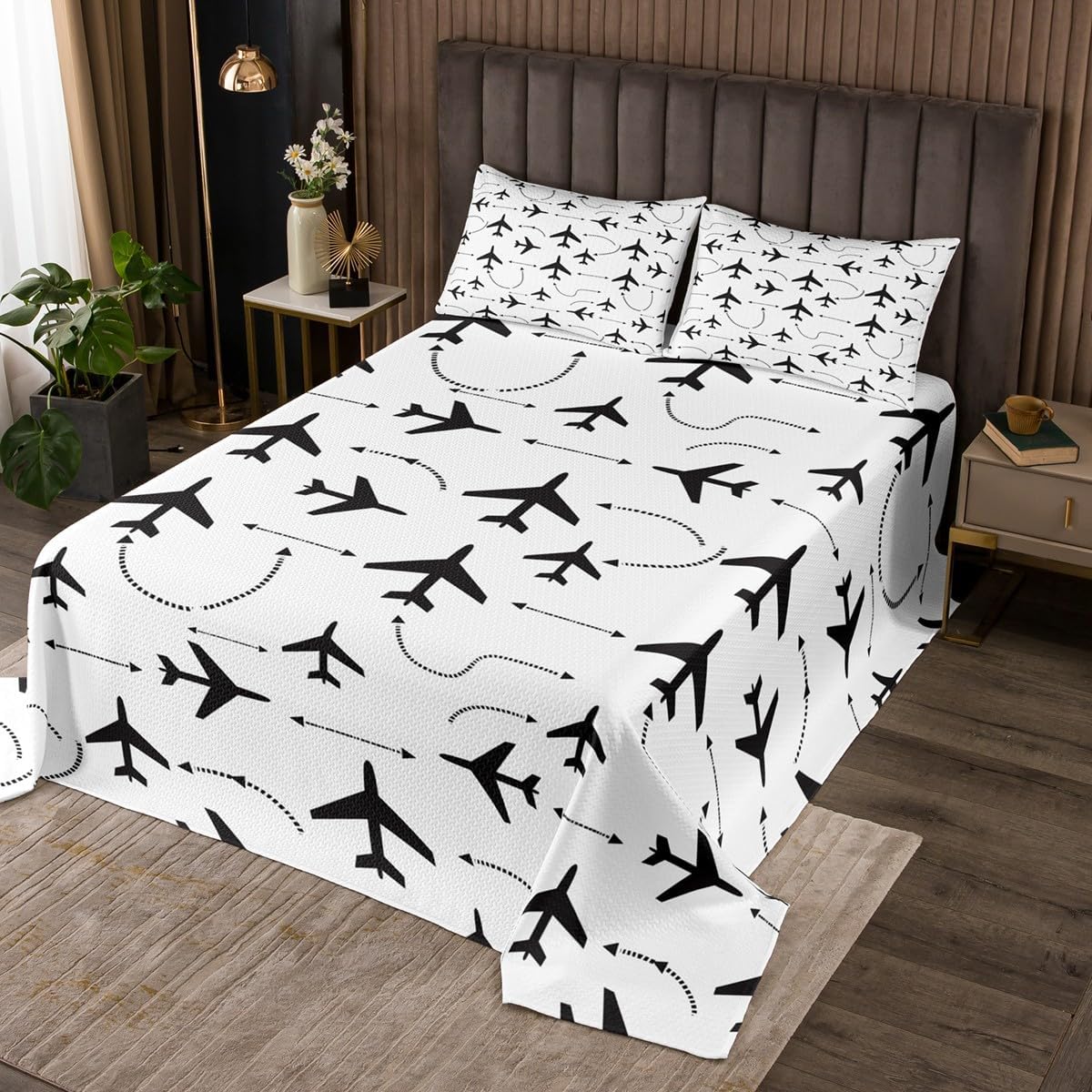 Homewish Airplane Military Theme Bedspread Twin Size,Flying Style Bedding Set for Kids Boys Girls Room Decor,Aircraft Star American Flag Plaid Coverlet Set 2Pcs,Pilot Theme Quilt,1 Pillowcase