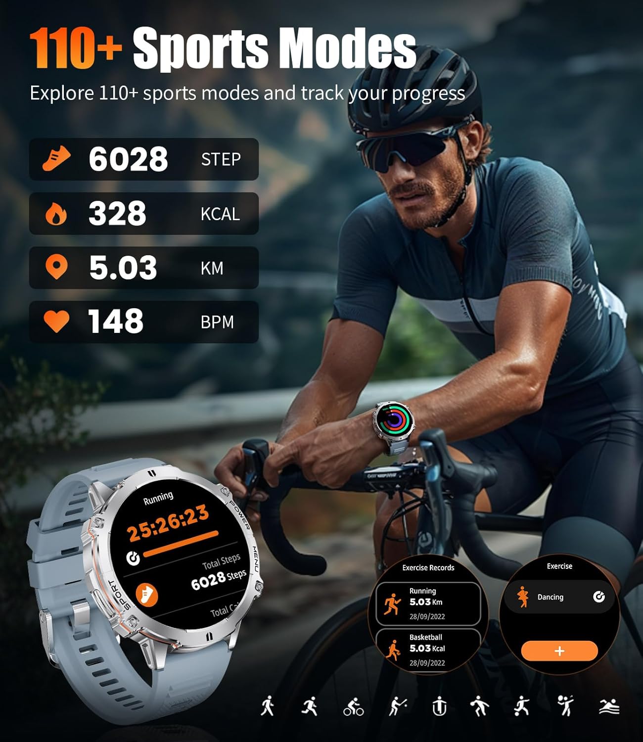 LIGE TX3-H Smartwatch displaying 110+ sports modes and tracking data.