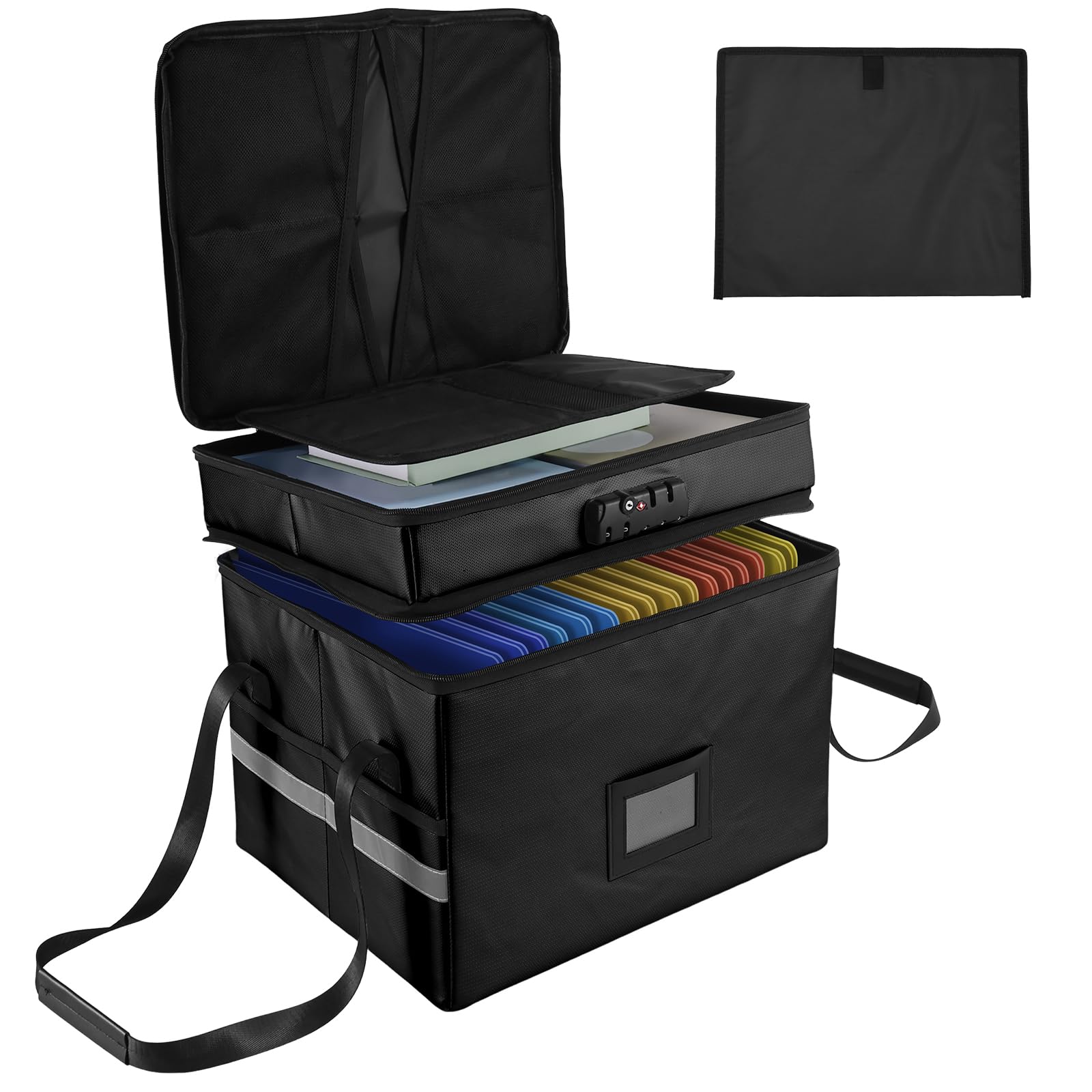 Ghshanog Black Fireproof Document Box, 2-Layer File Box With Lock & Handle,Collapsible Fireproof Safe Storage,39.5X34.5x31.5cm Office Collapsible File Storage For Hanging Letters,Legal Size Folder,Certificate(Black)