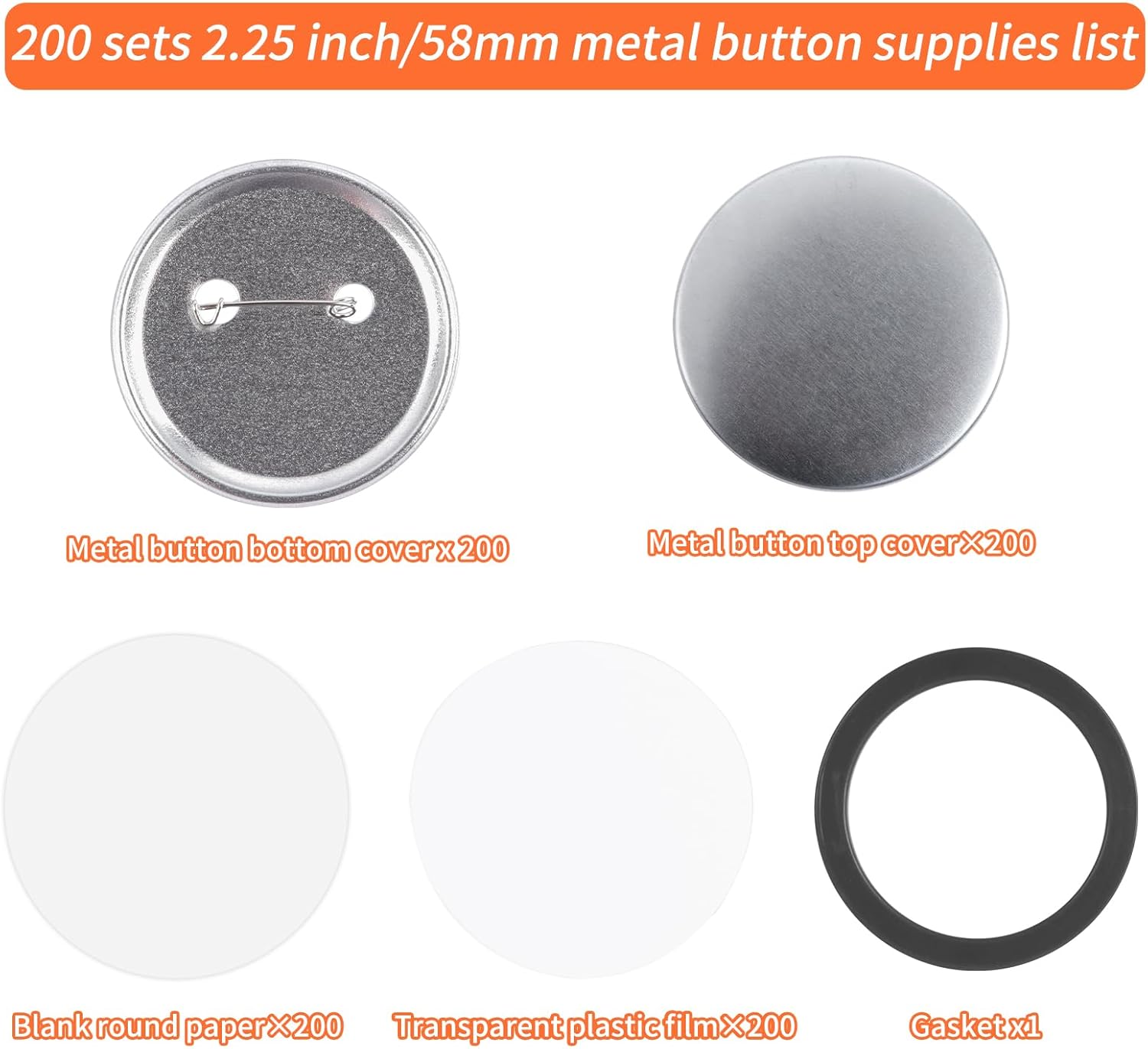 200 Sets Metal Round Button Supplies Button Making Parts, 58mm/2.25 inch Pin Maker Parts Badge Supplies for Button Maker, Including Metal Shells Metal Back Cover Clear Film and Paper