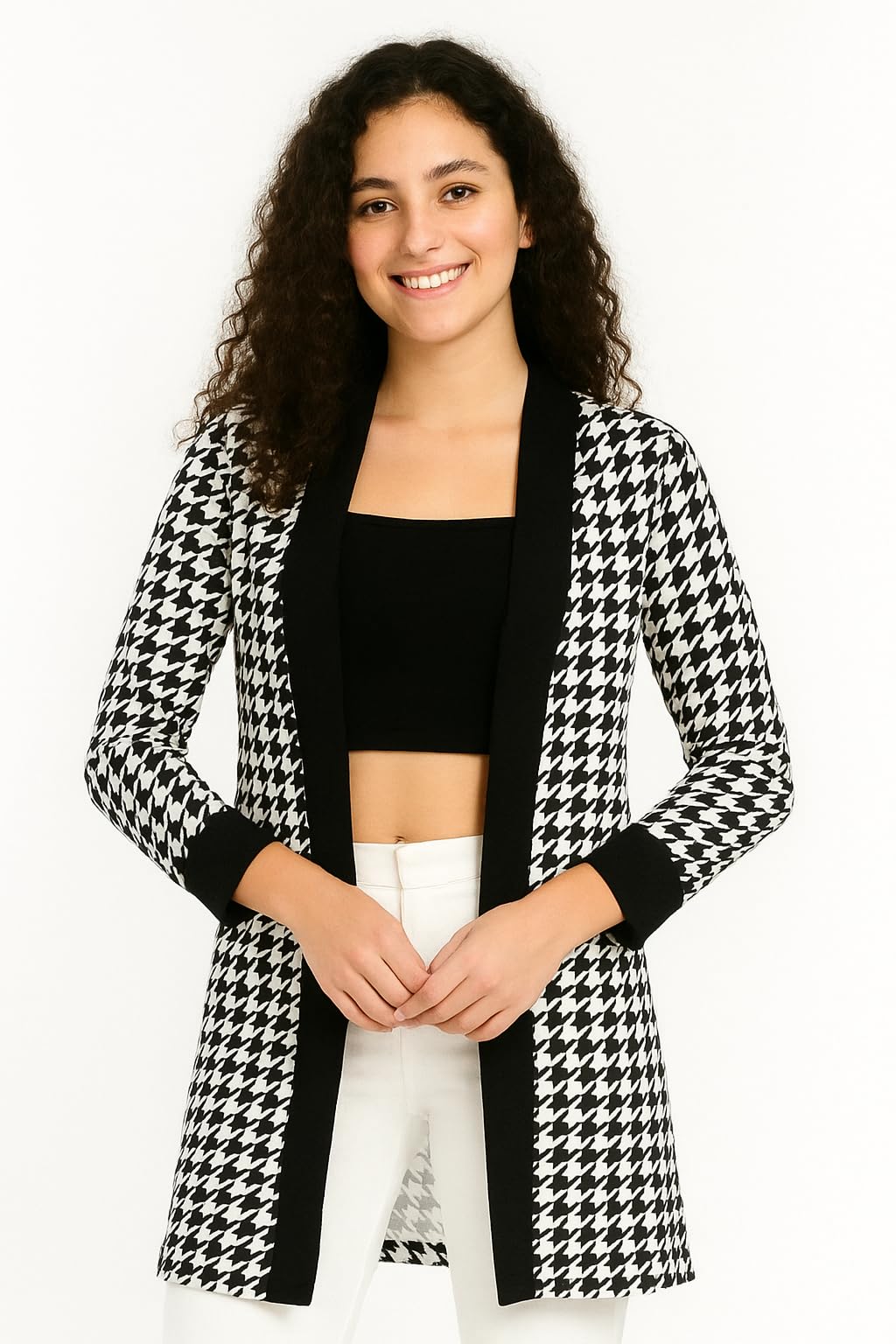 iuga Women’s Black & White Houndstooth Open Front Long Shrug-picture-21