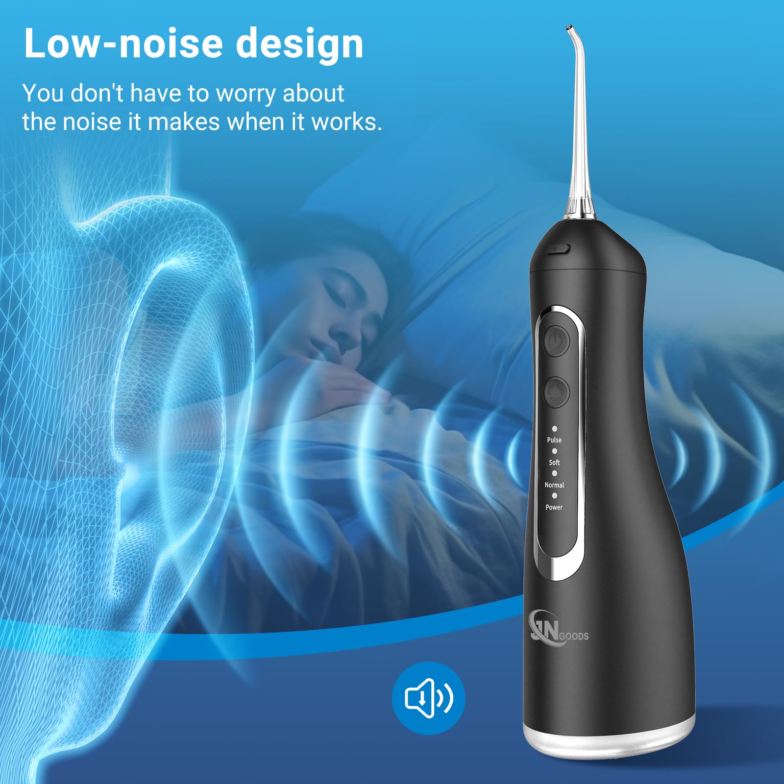 JNGOODS JNGOODS - Irrigador bucal inalámbrico de agua, 300 ml, recargable para dientes, IPX7, impermeable, 4 modos, irrigador oral portátil con 4 puntas de chorro, uso doméstico de viaje (negro)