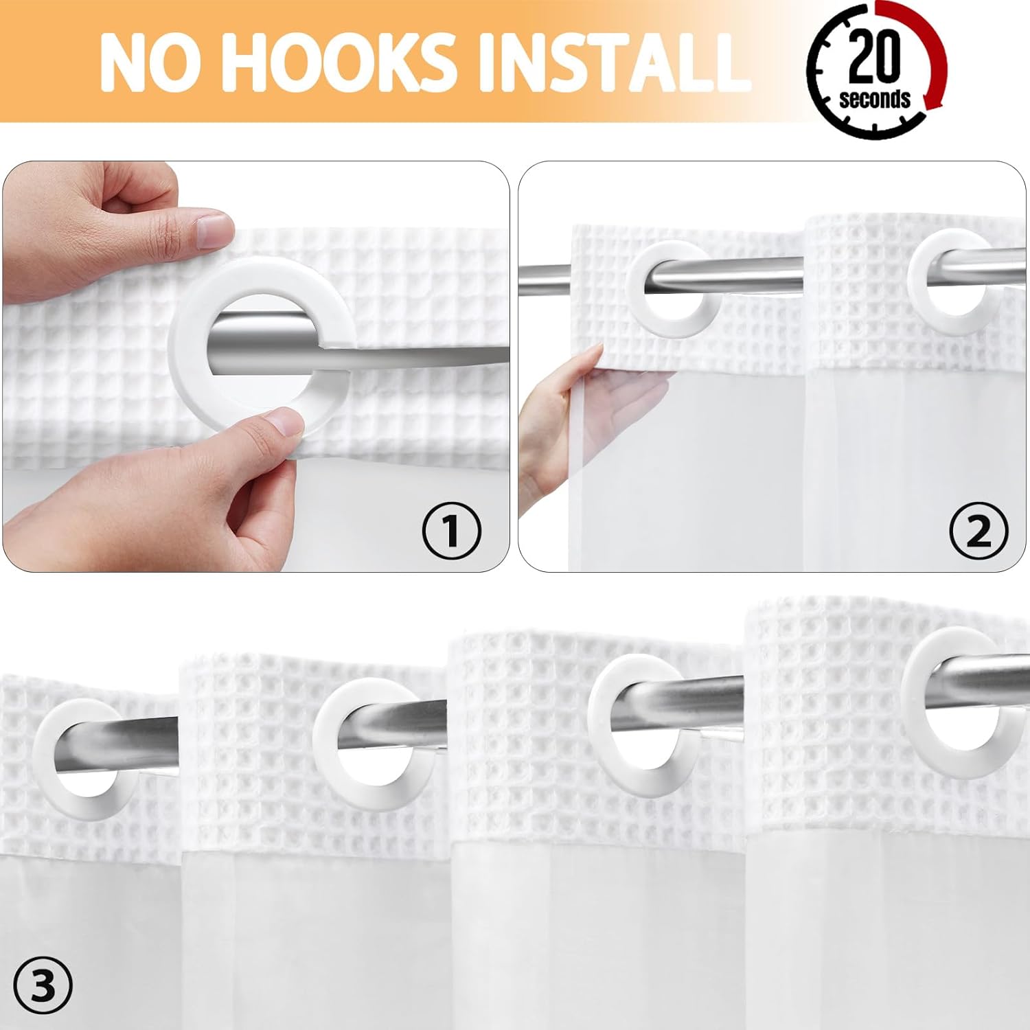 Cotton No Hook Shower Curtain with Snap in Liner Set Less Time White Waffle Weave Shower Curtain for Bathroom 75" L x 72" W