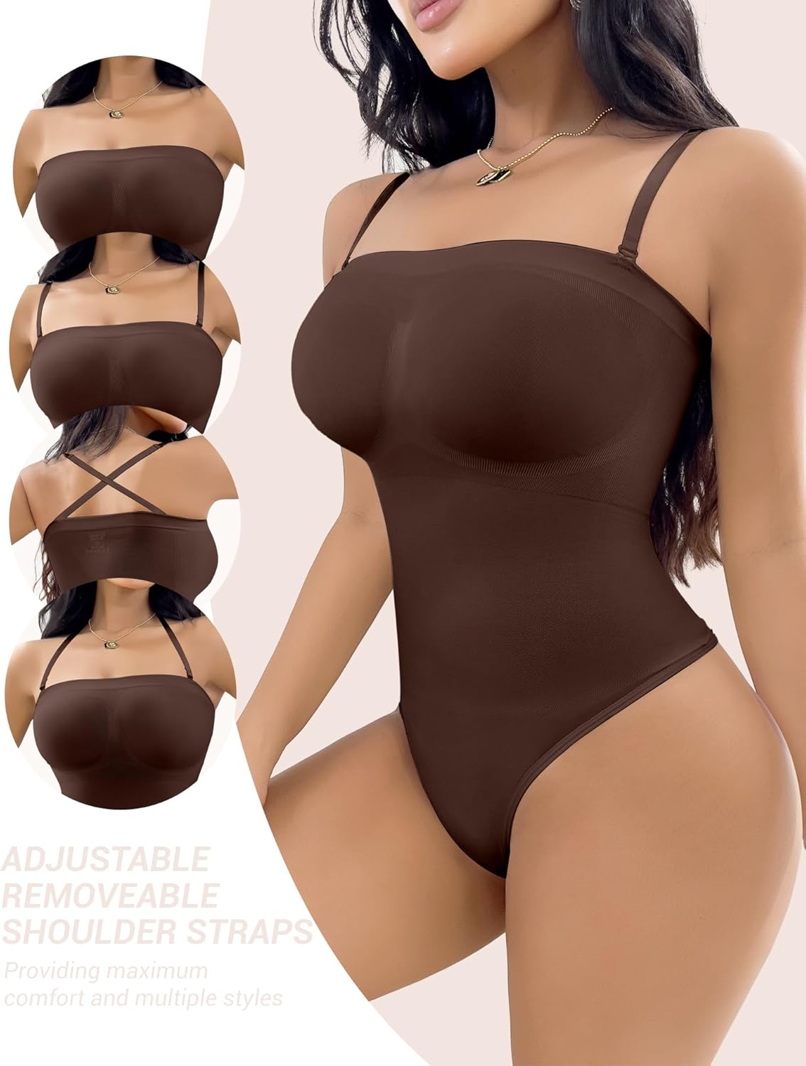 Women's Strapless Shapewear Thong Bodysuit Tummy Control Seamless Sculpted Body Shaper with Removable Straps - Image 3
