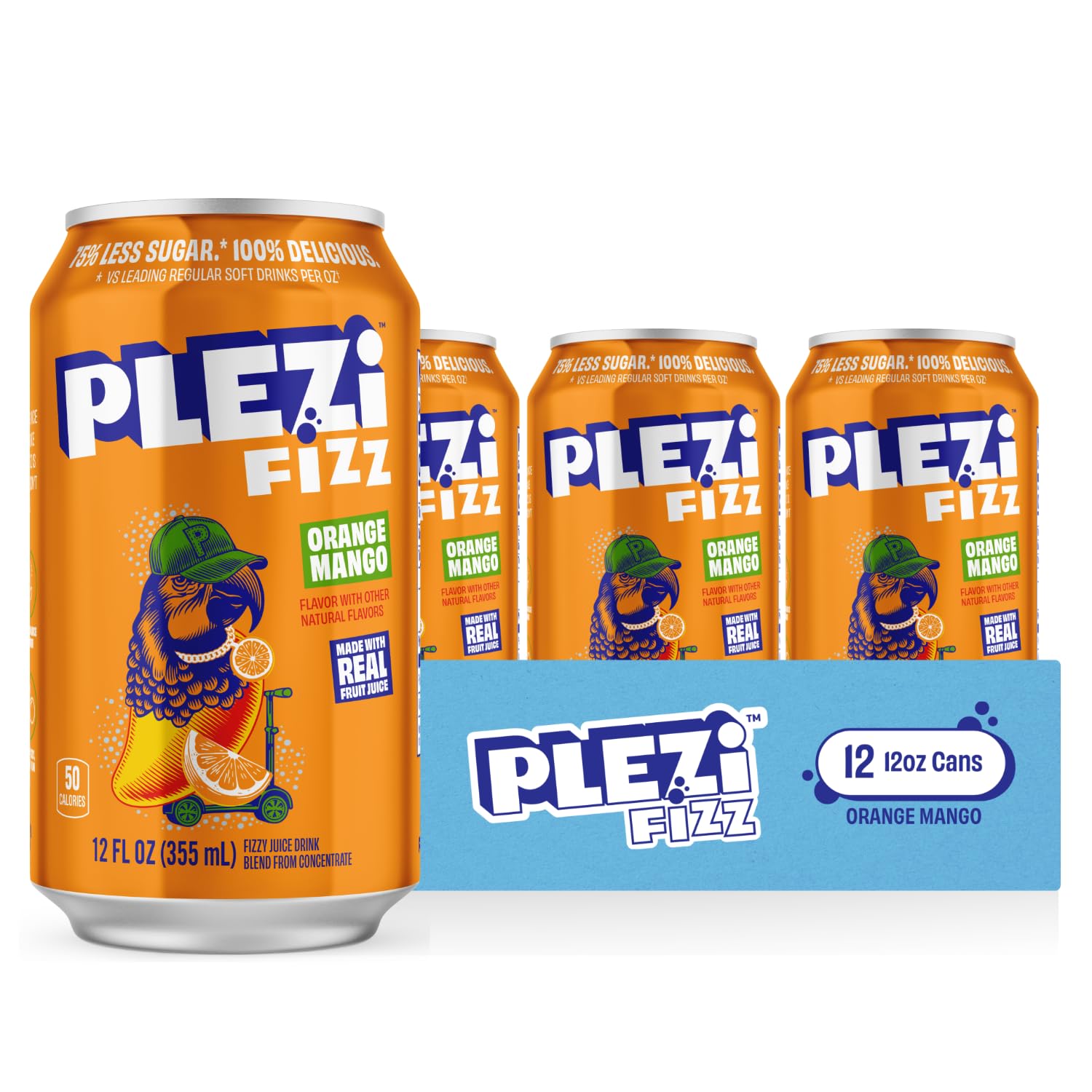 PLEZi FiZZ Orange Mango Sparkling Juice - Healthy Soda Alternative with Real Fruit Juice, No Added Sugar - Low Sugar Sparkling Drink - Good Source of Fiber, 12 Fl Oz (12 Pack)