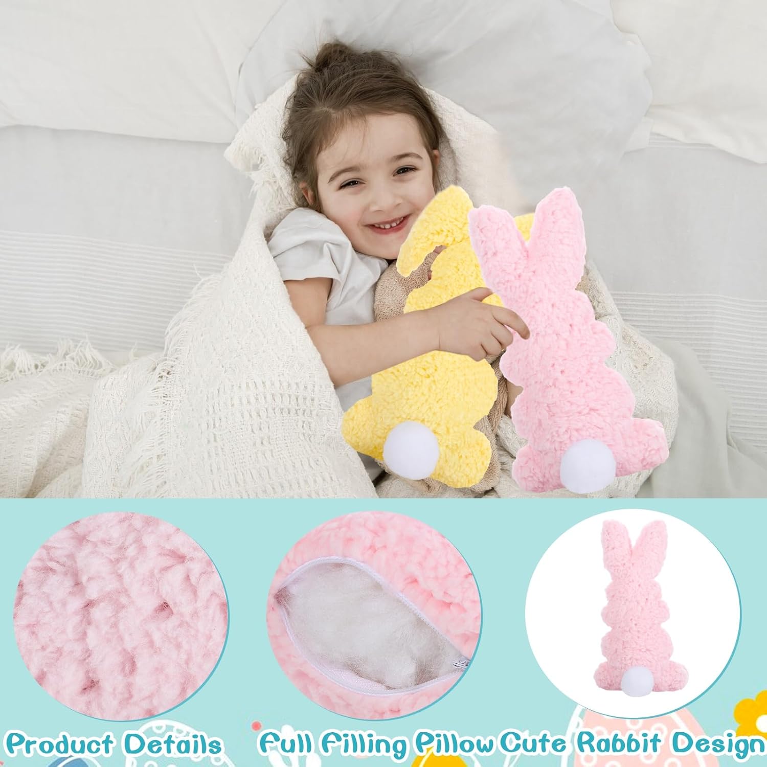 3 Pcs Easter Buuny Throw Pillows, 11.8 Inch Soft Rabbit Shaped Pillow Cushion Plush Happy Easter Decorative Pillow for Couch Bed (Pink, Yellow, Blue)