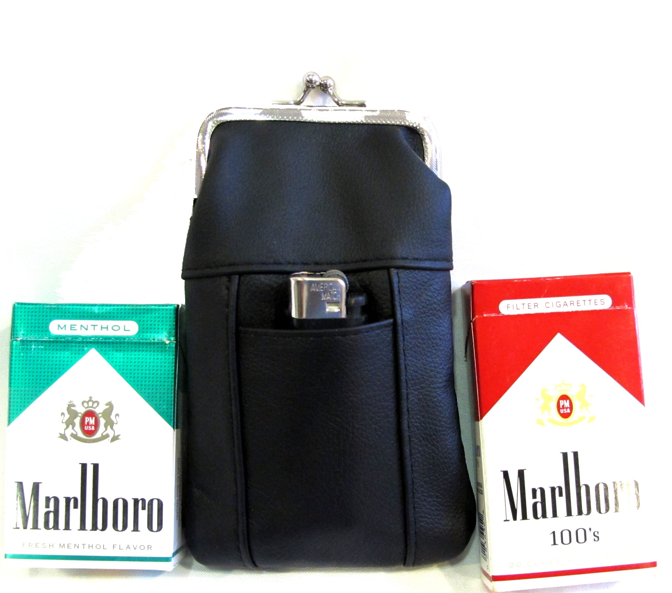 2pc 2 Color Set Genuine Leather Cigarette Case Pouch Fit 120's or Smaller Pack 1pc Black + 1pc Dark Pink