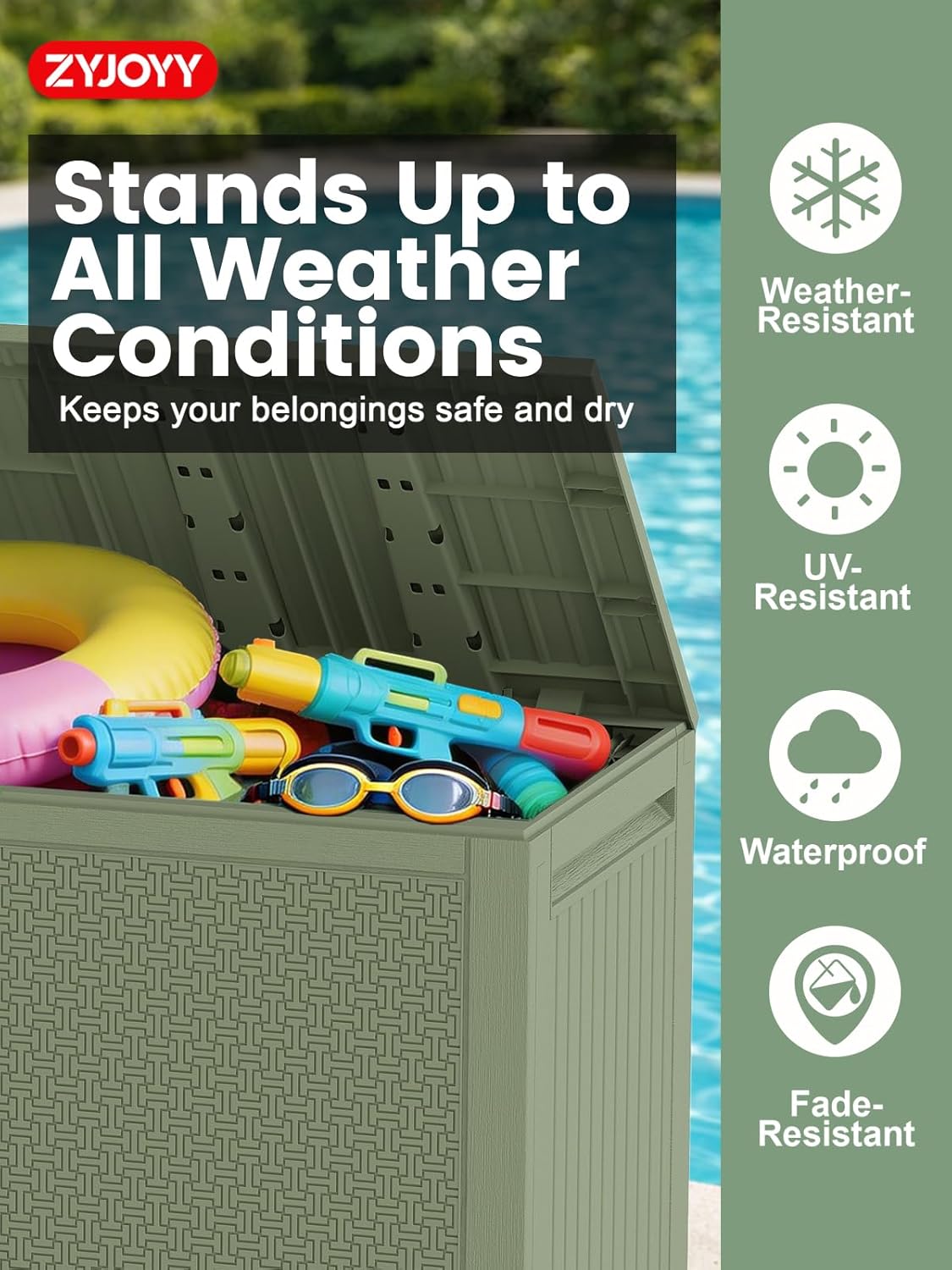 ZYJOOY 90 Gallon Outdoor Deck Storage Box, Lockable Waterproof Outdoor Storage Box, Resin Weather Resistant Container for Garden Tools, Indoor Cushions, Outdoor Accessories (Olive Green)