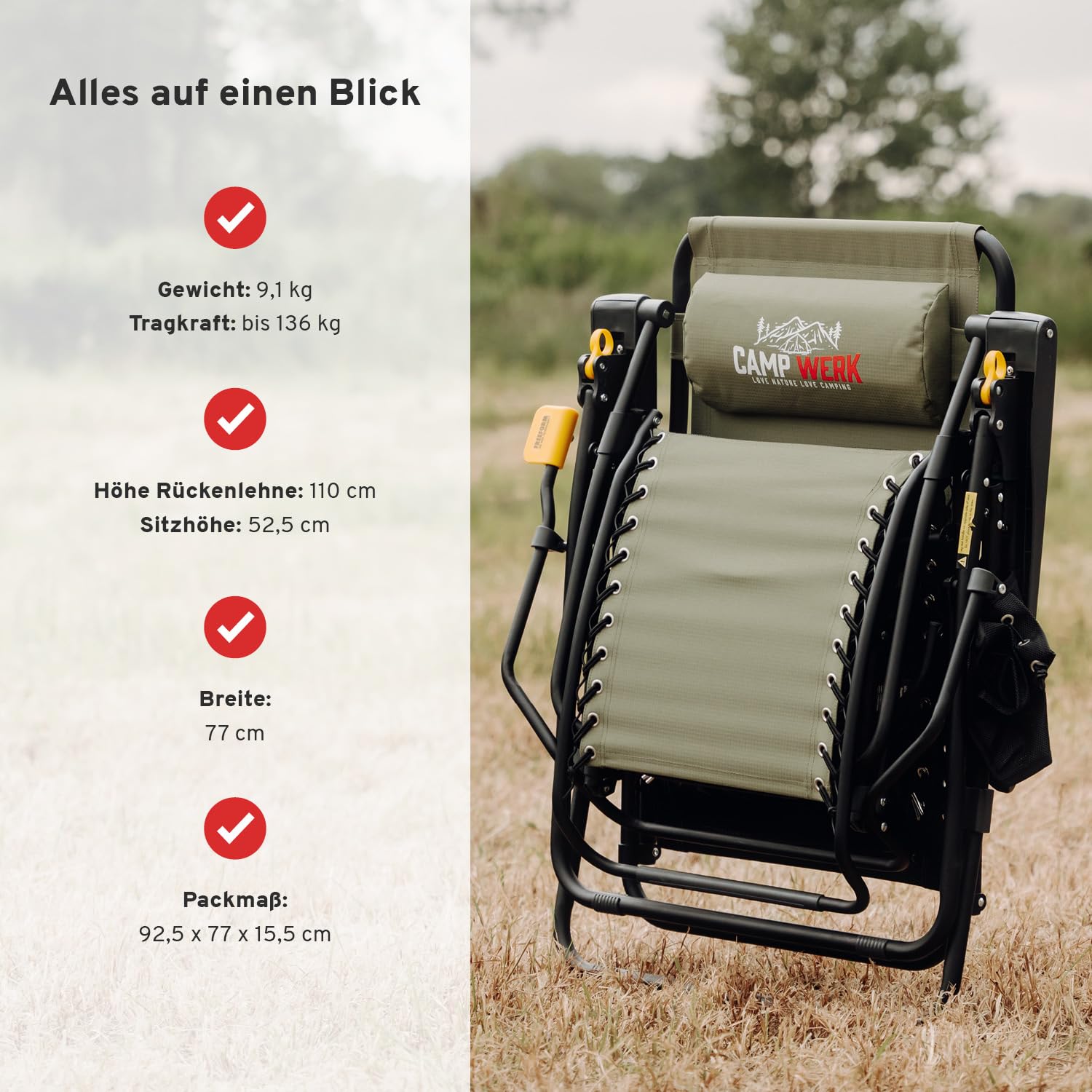 CAMPWERK Relax Campingstuhl, Outdoor Campingliege, Relax-Liege, Sonnenliege, Verstellbare Bein- und Rückenlehne, Mit Getränkehalter, Belastbarkeit bis 150kg, Klappbar, Grün