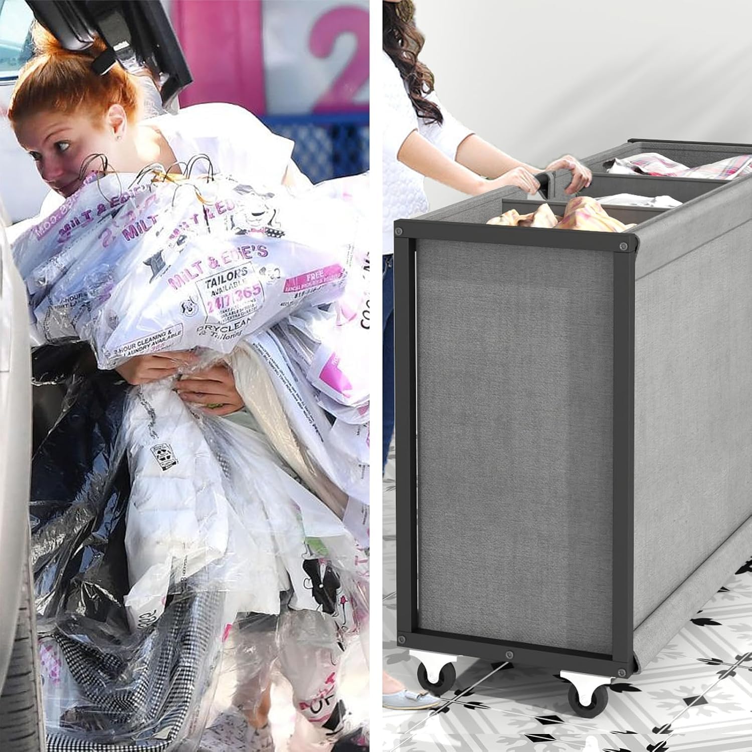 Wäschekorb mit 3 Fächern, Wäschekorb mit Sortierfunktion und Ablage, Wäsche-Sortierer zur Organisation und Aufbewahrung mit 2 ausziehbaren Schubladen für den Einsatz im Waschraum (Grey)