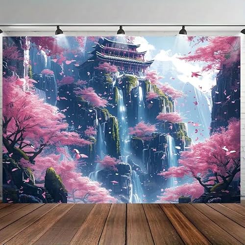 FENDROM Japanese Aesthetic Pink Cherry Blossom Tree Tapestry Building On Mountains Waterfall River Fairytale World Asian Art Tapestry for Bedroom Living Room - Image 3
