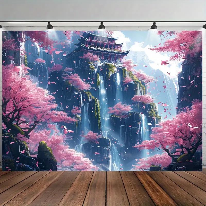 FENDROM Japanese Aesthetic Pink Cherry Blossom Tree Tapestry Building on Mountains Waterfall River Fairytale World Asian Art Wall Hanging Tapestry for Bedroom Living Room - Image 4