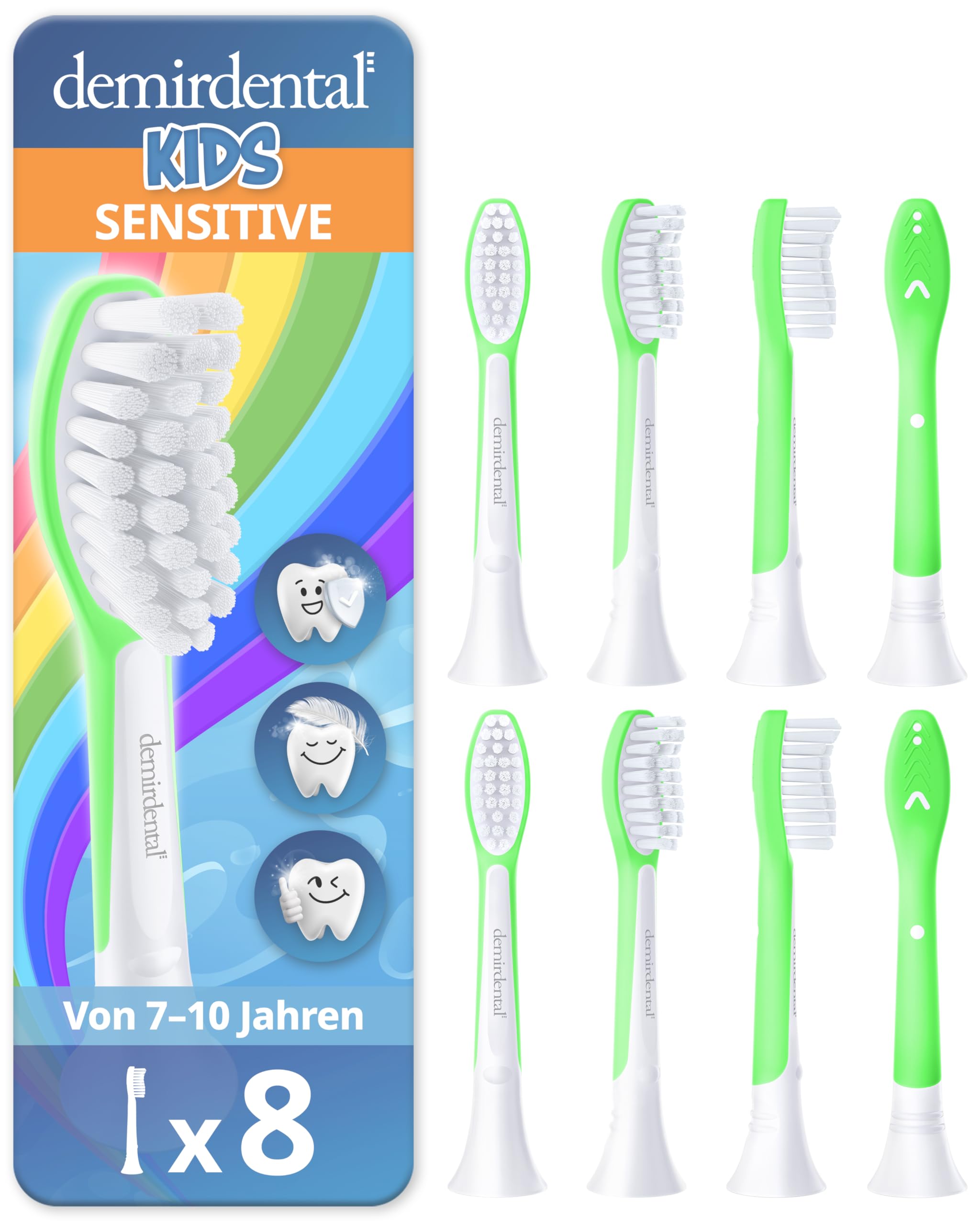 demirdental Wymienne szczoteczki dla dzieci, pasują do Philips Sonicare Kids, szczoteczki do zębów dla dzieci, szczoteczki do zębów dla dzieci od 7 lat, odpowiada HX6048, zielone, zestaw 8 sztuk