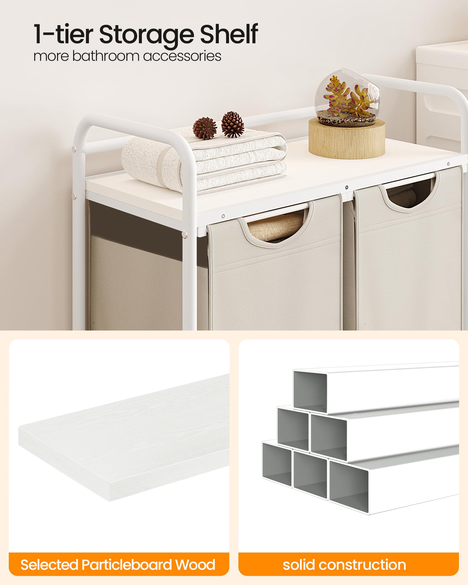 Panier à Linge 4 Compartiments 146L – Avec étiquettes De Tri, Tablette, Tringle – Blanc, Support Acier - 6
