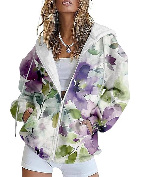 HOTYD Womens Oversized Hoodies Zip Up Fleece Floral Sweatshirt Casual Fall Long Sleeve Drawstring Hooded with Pockets