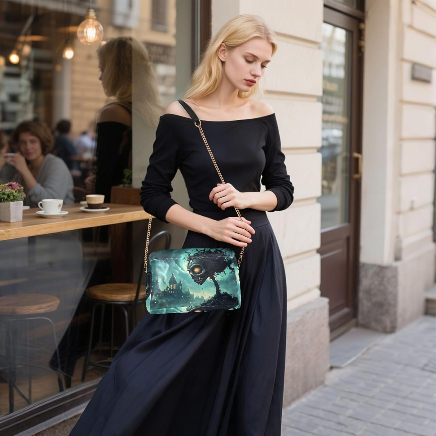 Women Crossbody Bag Shoulder Handbag Cellphone Purse Creepy Halloween Head Print, PU Leather Metal Chain Strap Water Resistant Zipper Closure