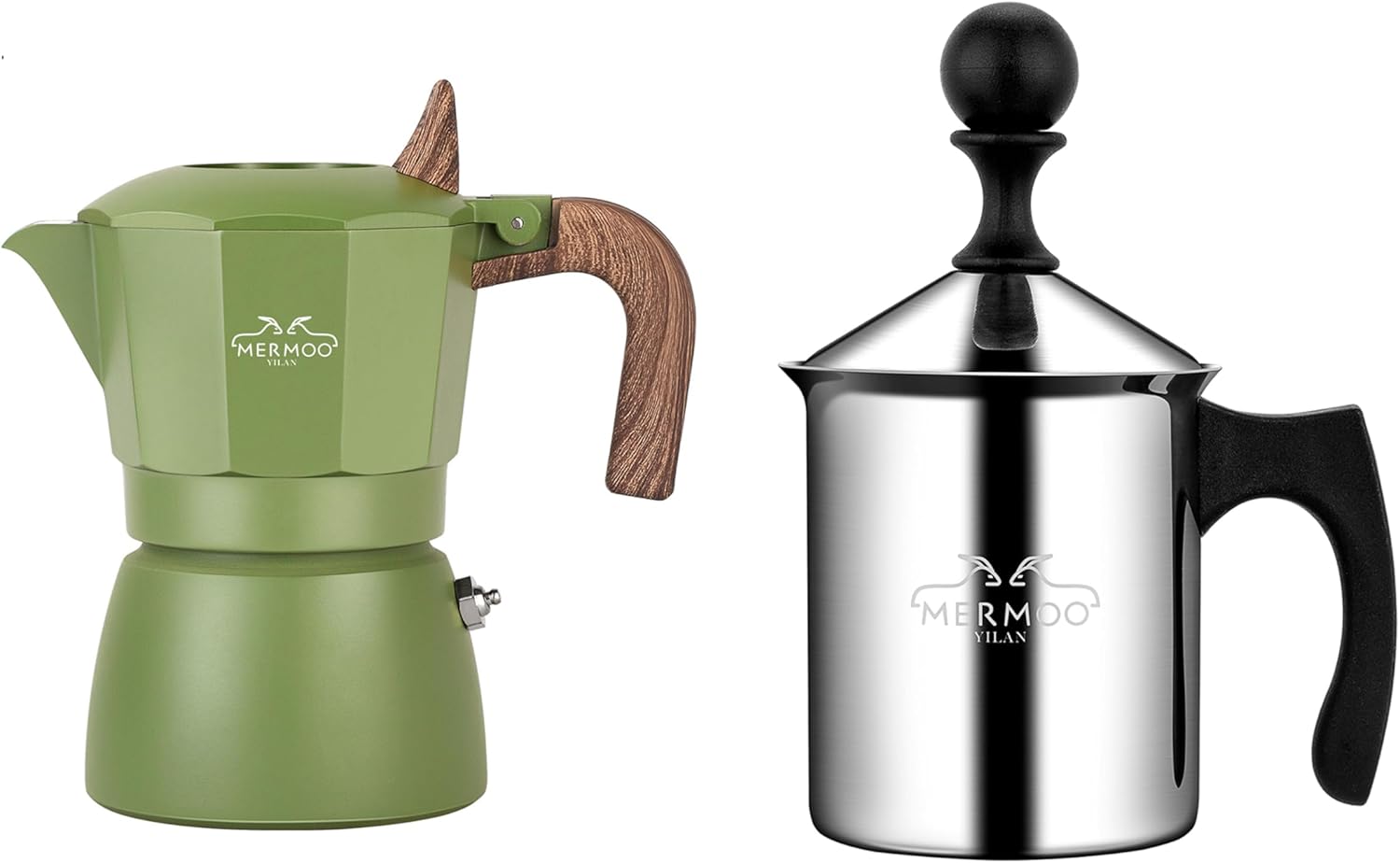 MERMOO YILAN Espresso & Frother Travel - 2-Cup Moka Pot + 14oz Manual Milk Frother Combo for Café-Quality Lattes Anywhere