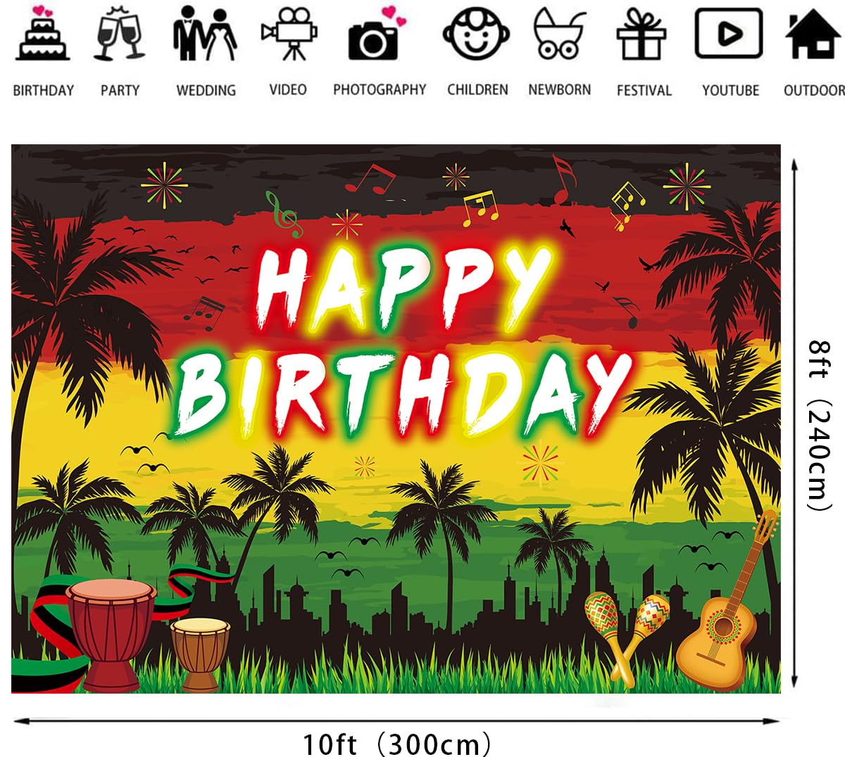 Reggae Happy Birthday Sfondo 3,5 x 2,4 m rastafari giamaicano palma reggae decorazioni per feste di sfondo musica estiva a tema decorazioni per feste di compleanno forniture puntelli fotografici