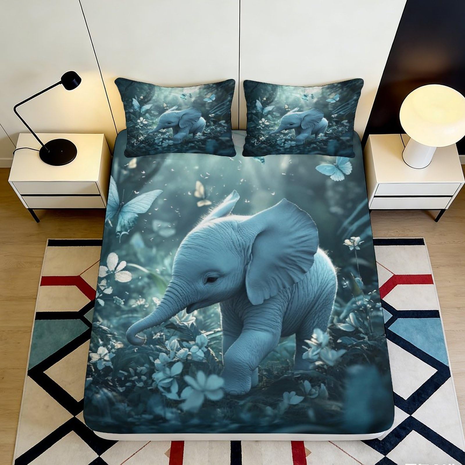 3D Printed Elephant Pattern Fitted Sheet Microfiber Soft Breathable Butterfly Bed Cover for Bedroom Dormitory Guest Room Mattress Protection 120x200x25cm