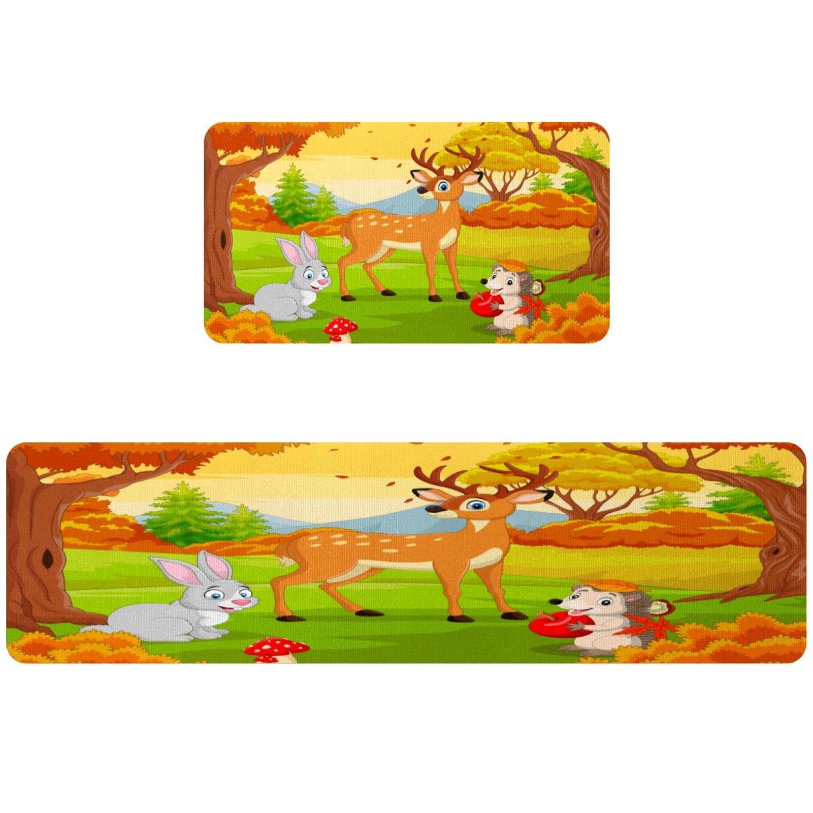 Tapis de cuisine absorbant lavable et antidérapant motif cerf et lapin forêt