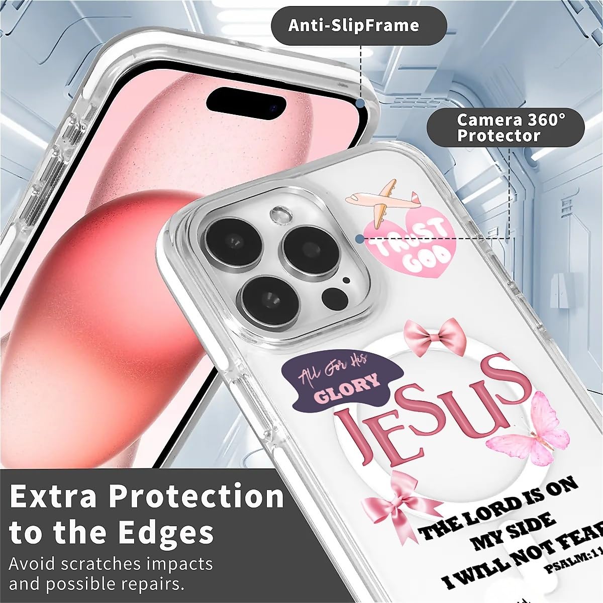 Funda para iPhone 16 [compatible con Magsafe], funda magnética transparente de silicona a prueba de golpes con patrón de cinta de mariposa de Jesús Fe