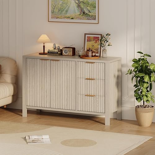 Miniatura 7 de Garvee Aparador de bufé acanalado de 46.5 pulgadas, armario de almacenamiento moderno con 2 puertas, 3 cajones y estante ajustable, mesa de consola