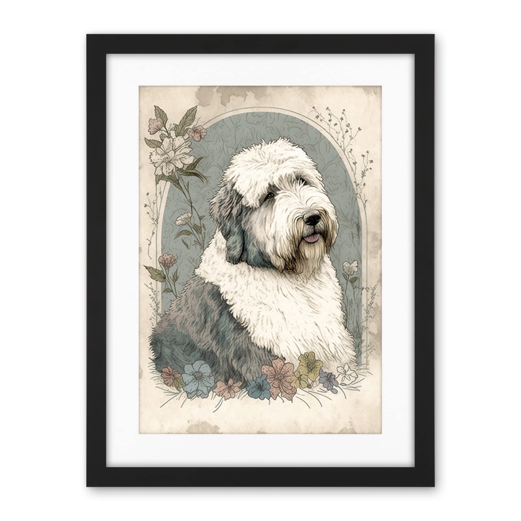 Artery8 English Sheepdog with Flower Blooms Boho Portrait Watercolour Illustration Artwork Framed Wall Art Print 18X24 Inch