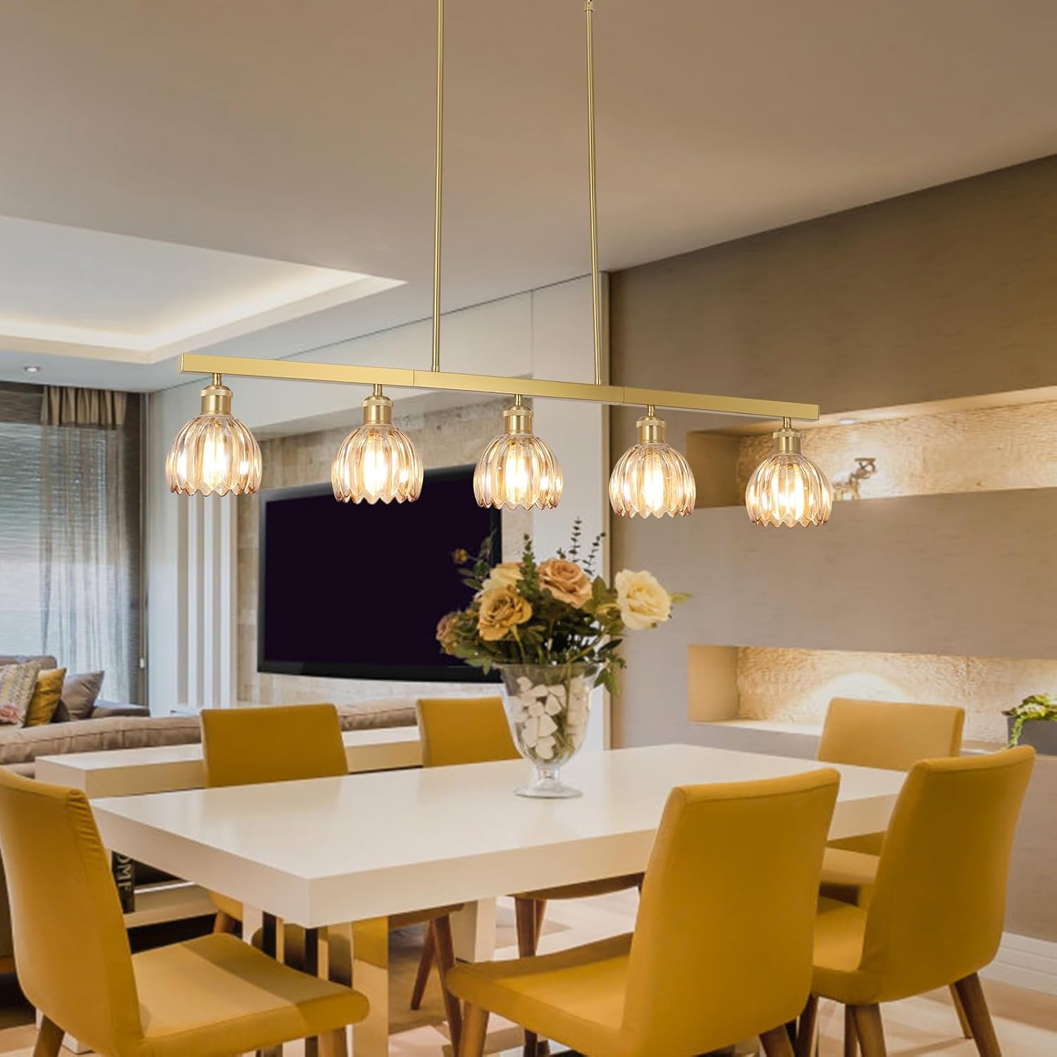 Modern Flower Dining Room Light Fixture, Gold Chandelier for Entryway, 5-Light Kitchen Island Lighting Hanging Pendant Light Fixtures, Glass Chandelier Flower Lamp for Foyer Bedroom Living Room（Amber）