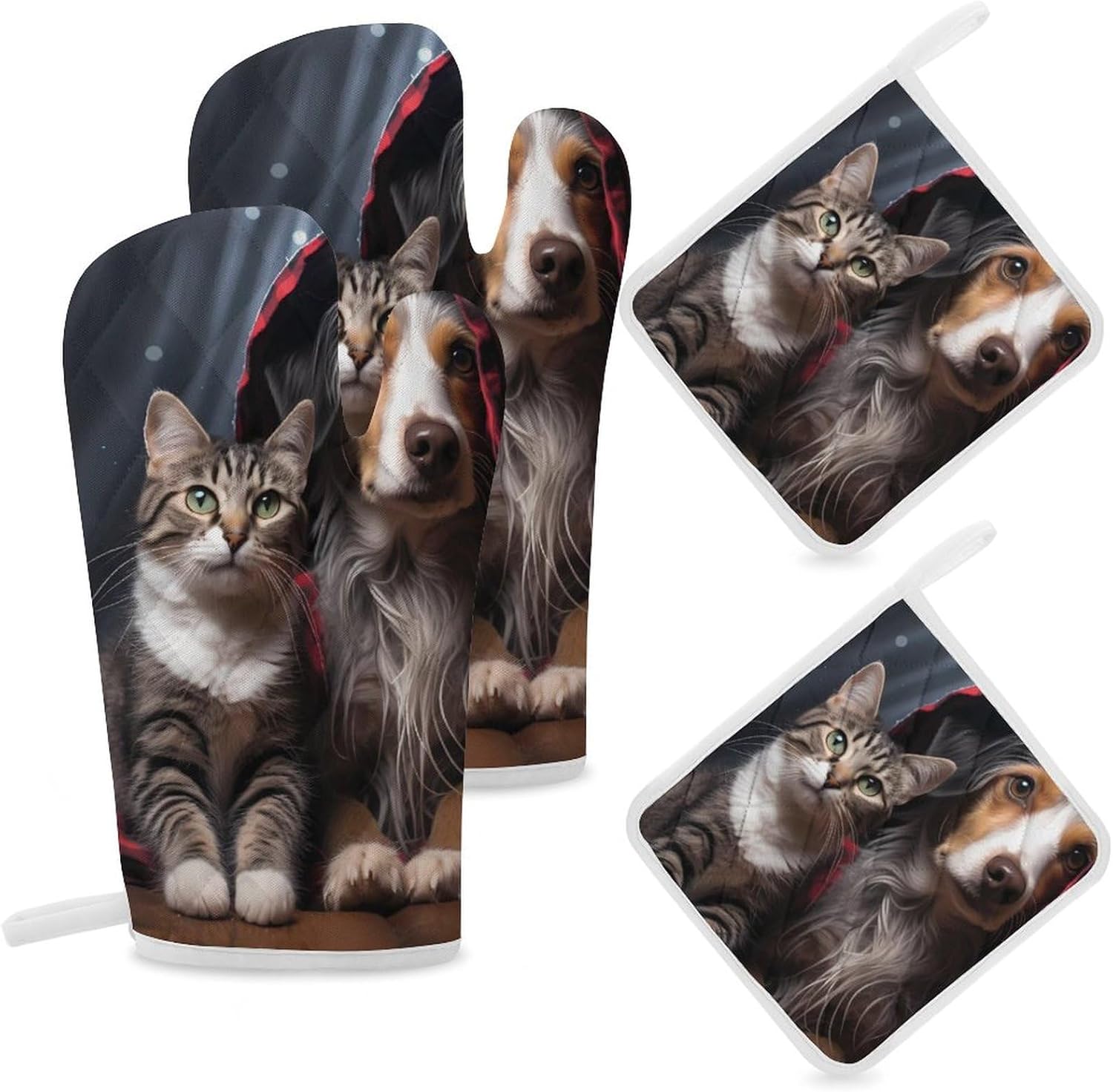 Friends ForeverDachshund Dog and Cat 4 Pcs Oven Mitts and Pot Holders Set High Heat Resistant Long Kitchen Oven Glove Potholders