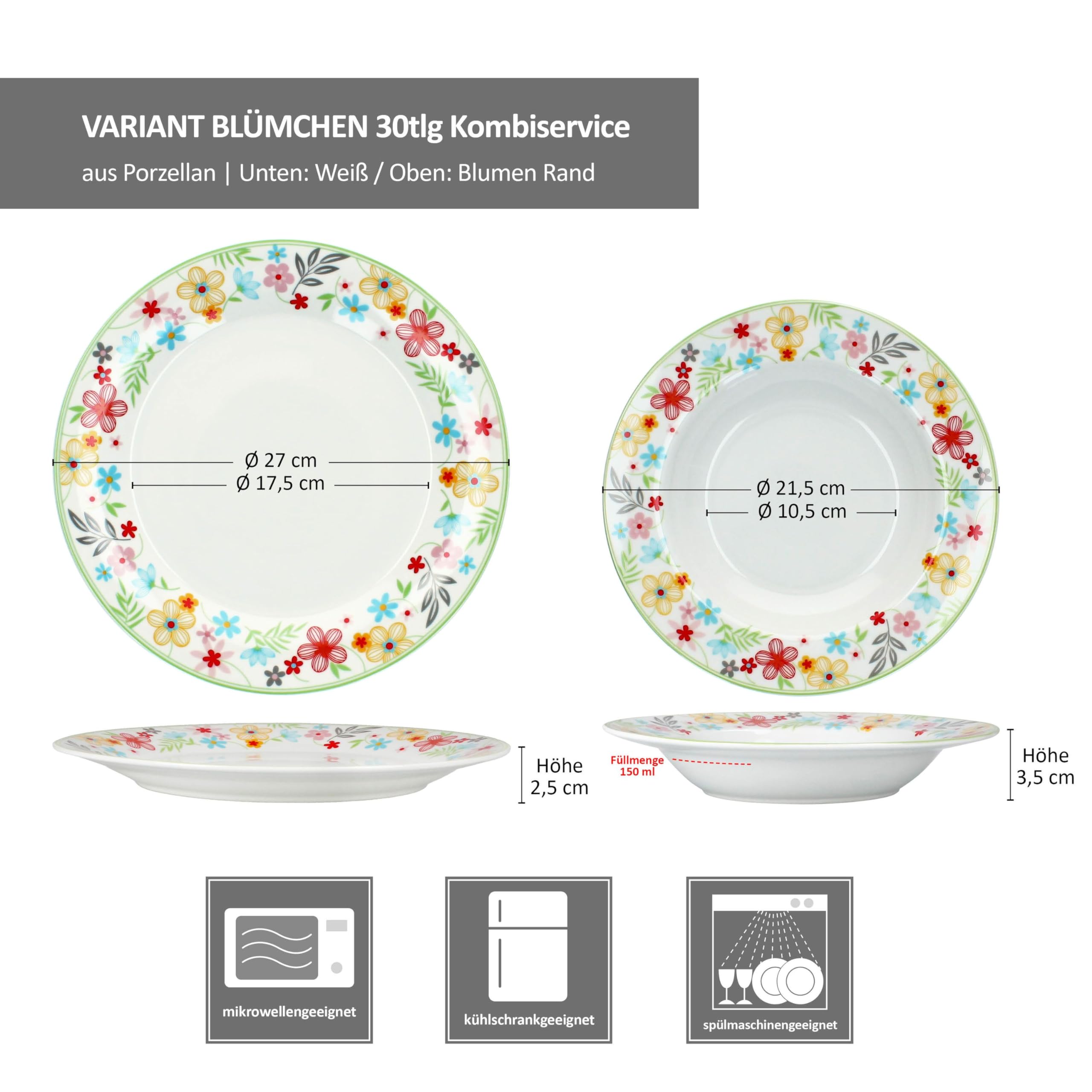 MamboCat Variant Blümchen 30tlg Kombiservice I Porzellan-Geschirrset mit Blumen-Rand für 6 Personen I Je 6x Kaffeetassen 200ml, Untertassen, Kuchenteller, Suppenteller & Speiseteller