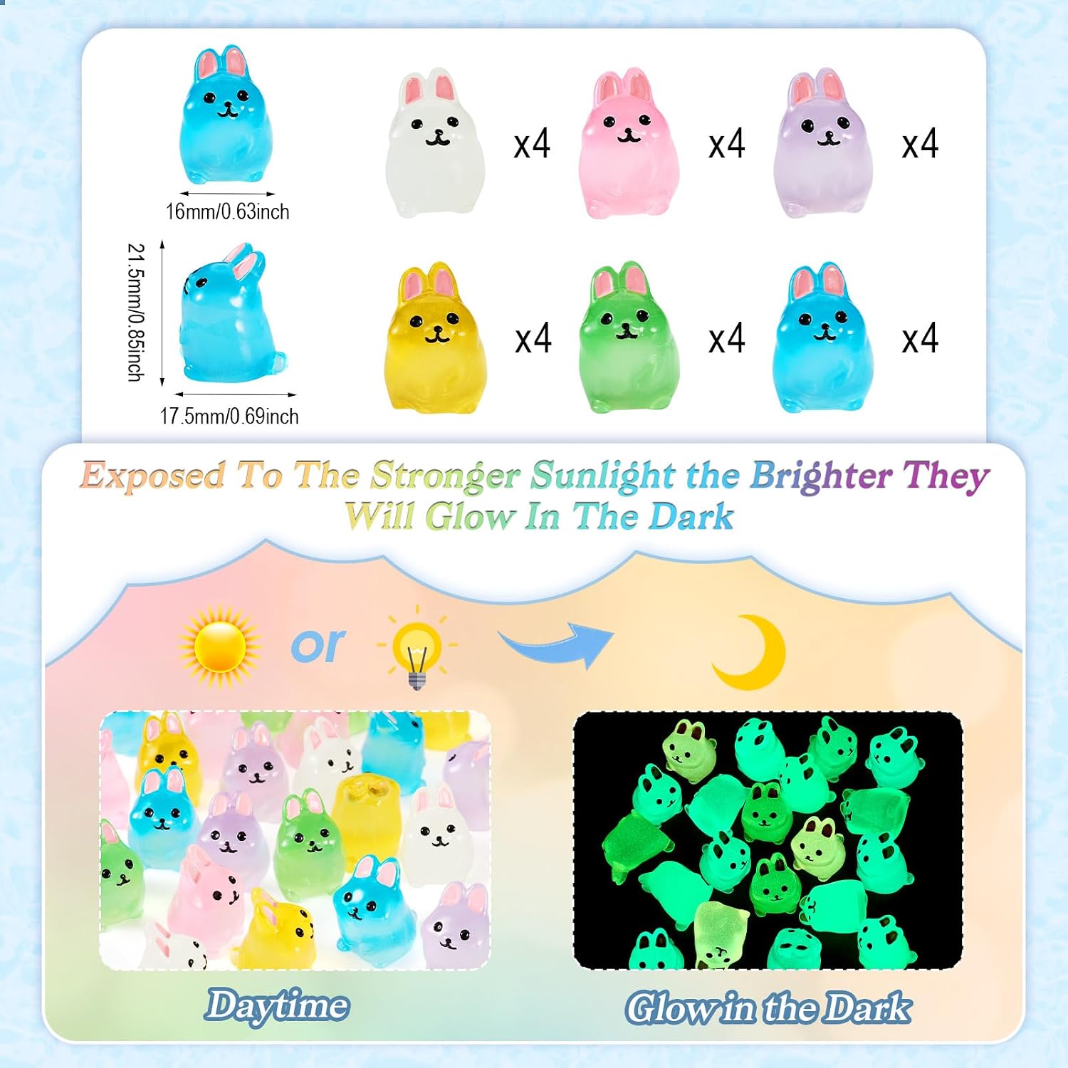 Craftdady Luminous Rabbit 24pcs Glow in the Dark Miniature Animal Ornaments Garden Dollhouse Micro Landscape Decor 16x17.5mm for Craft Car Home Office Desktop Party Birthday Decorations image 4