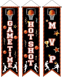3Pcs Basketball Party Decorations Banner Sign Basketball Game Time Porch Signs Banner Hot Shot MVP Hanging Front Door Banner for Basketball Themed Birthday Party Door Wall Decor Supplies